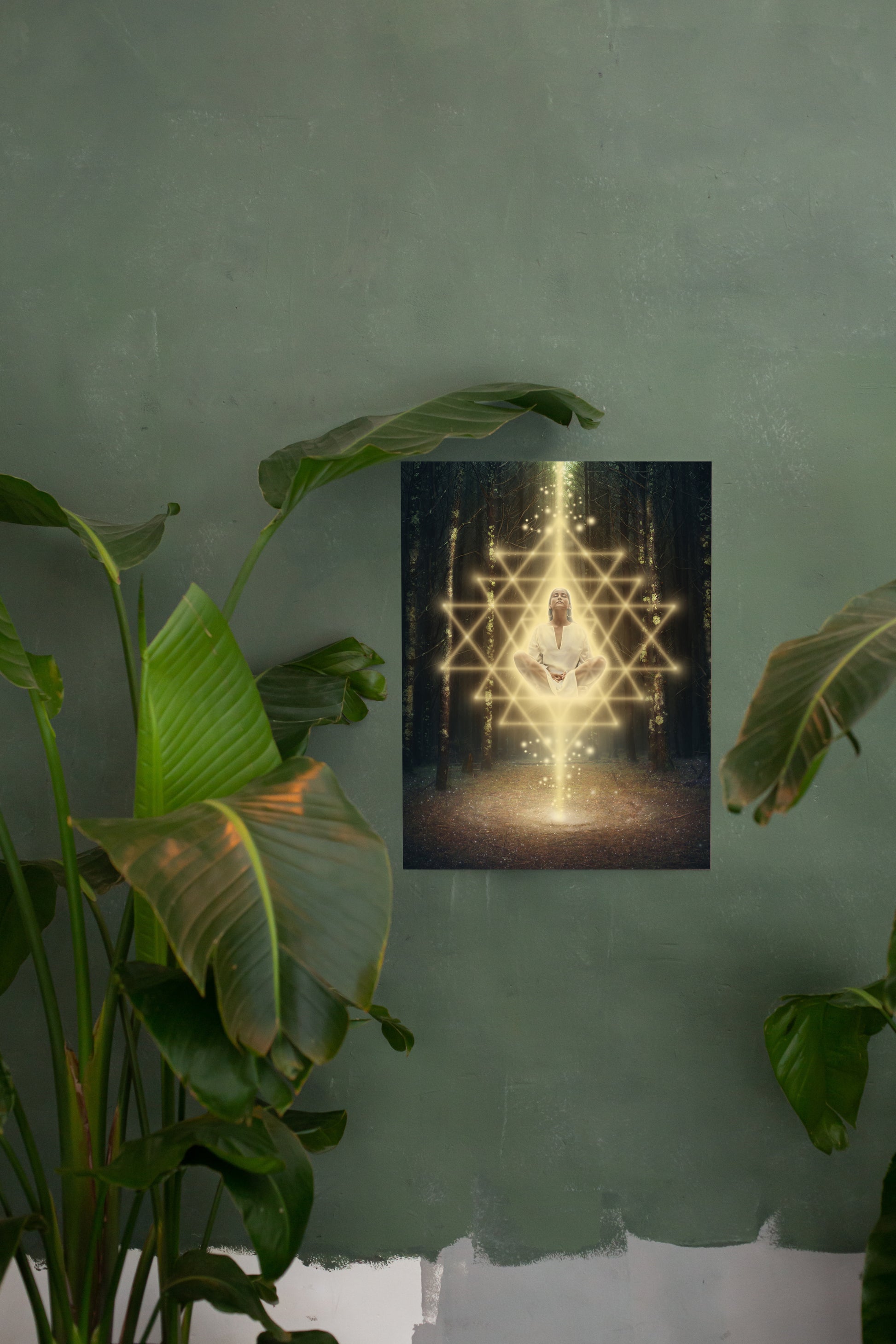 Woman meditating in the forest surrounded by Sri Yantra sacred geometry.
