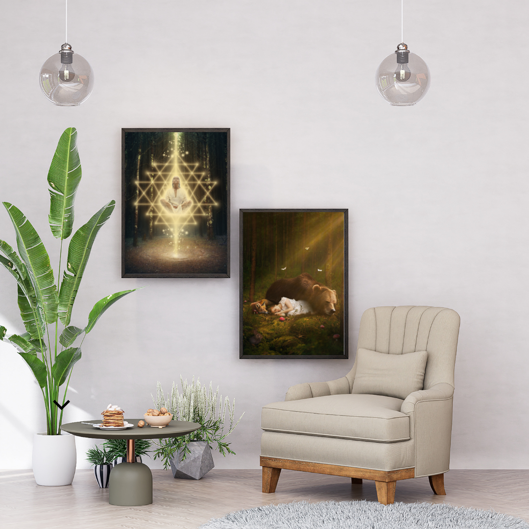 Woman meditating in the forest surrounded by Sri Yantra sacred geometry.