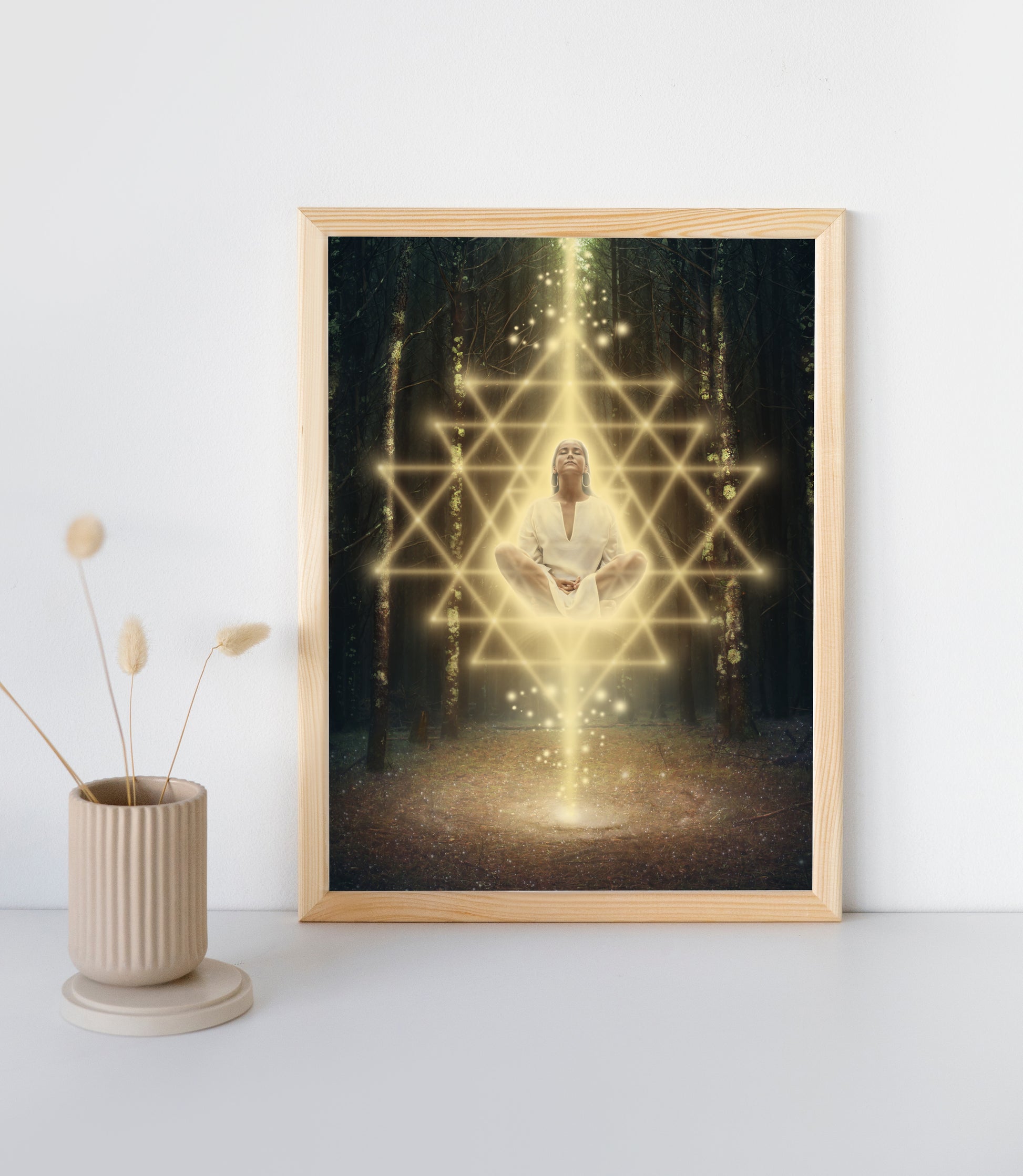 Woman meditating in the forest surrounded by Sri Yantra sacred geometry.