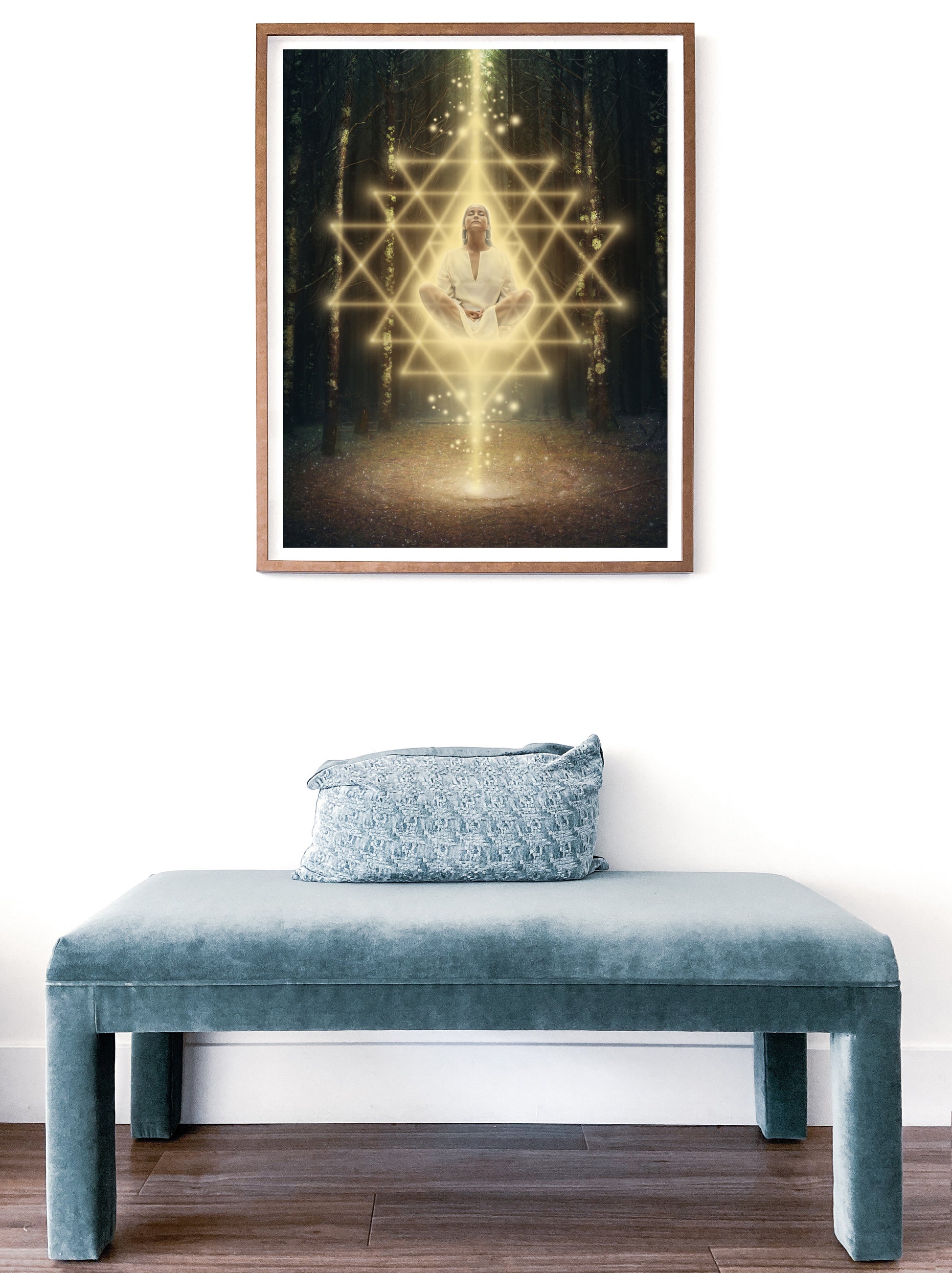 Woman meditating in the forest surrounded by Sri Yantra sacred geometry.