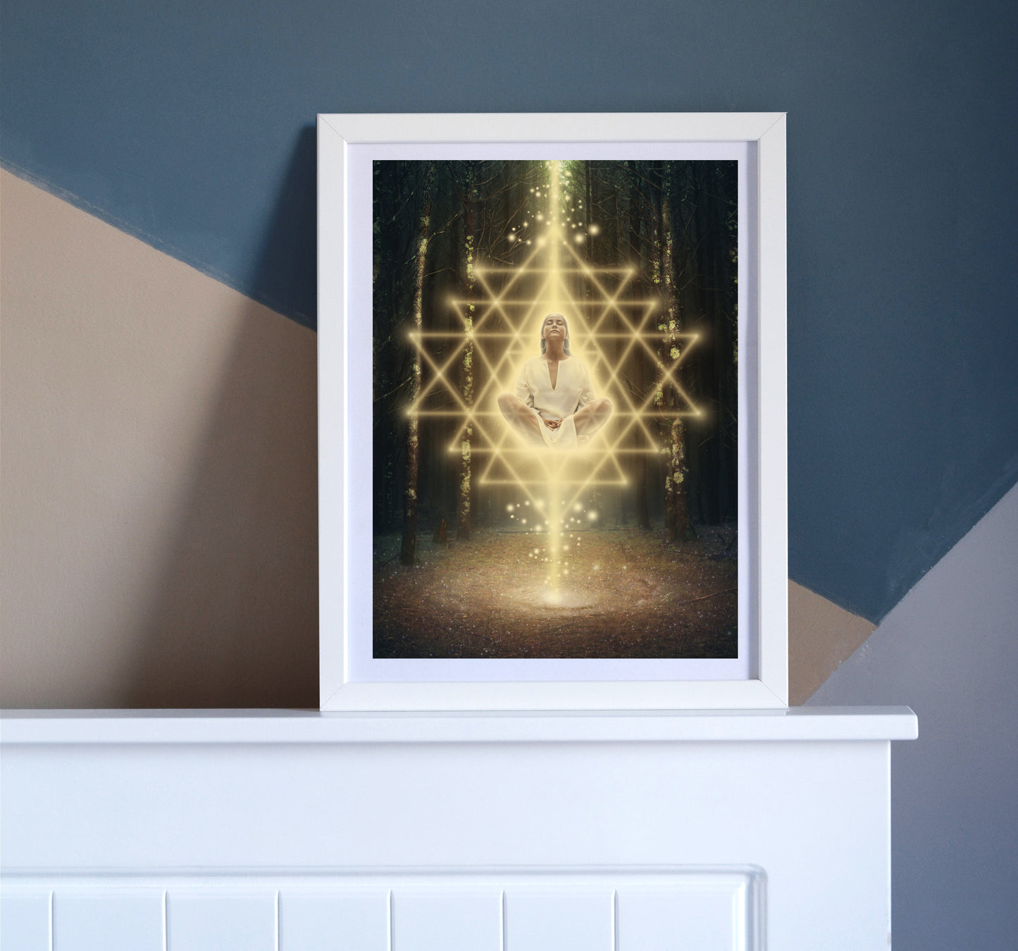 Woman meditating in the forest surrounded by Sri Yantra sacred geometry.