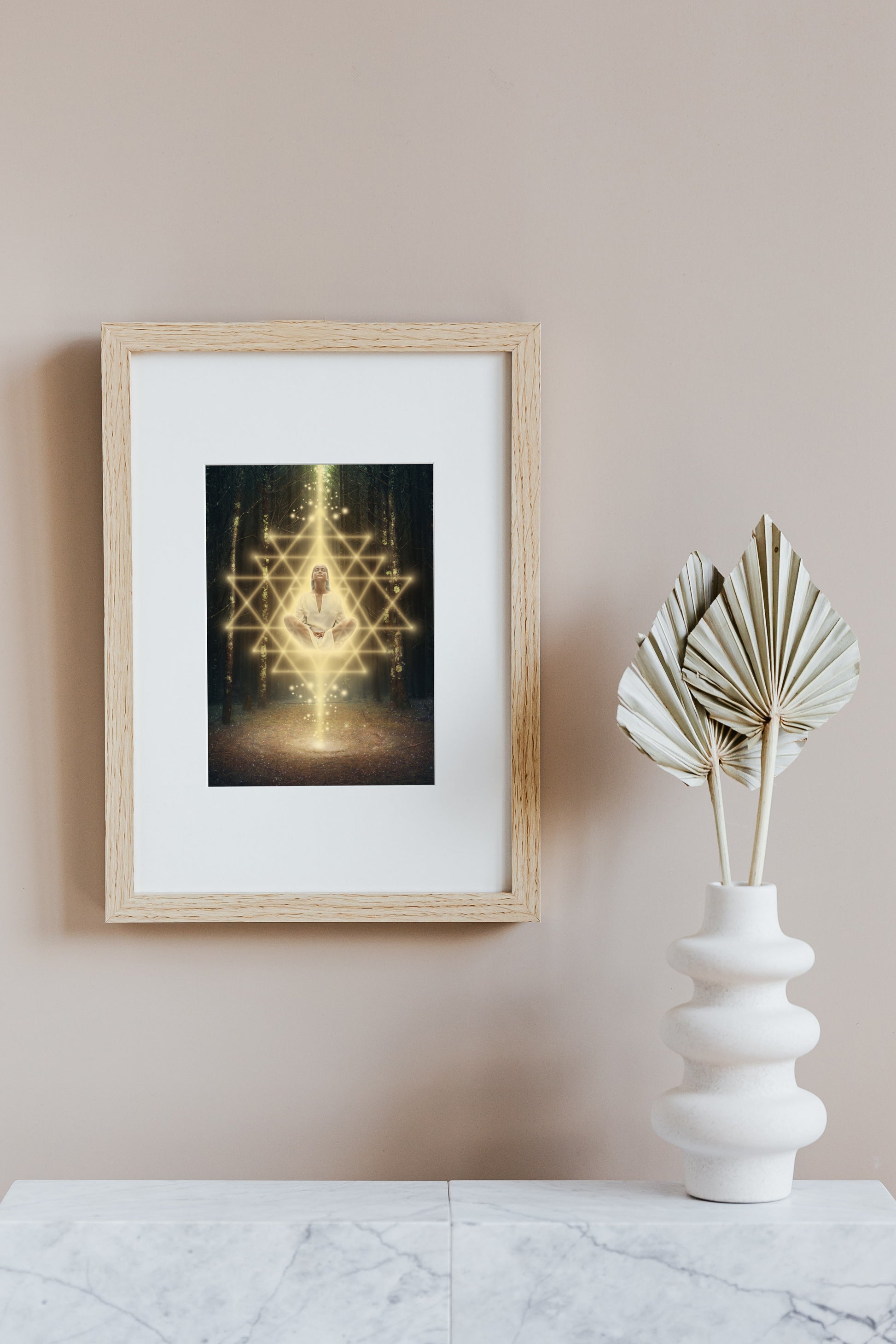 Woman meditating in the forest surrounded by Sri Yantra sacred geometry.