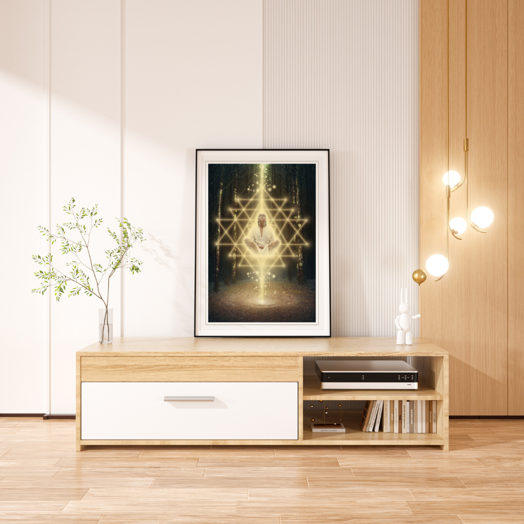 Woman meditating in the forest surrounded by Sri Yantra sacred geometry.