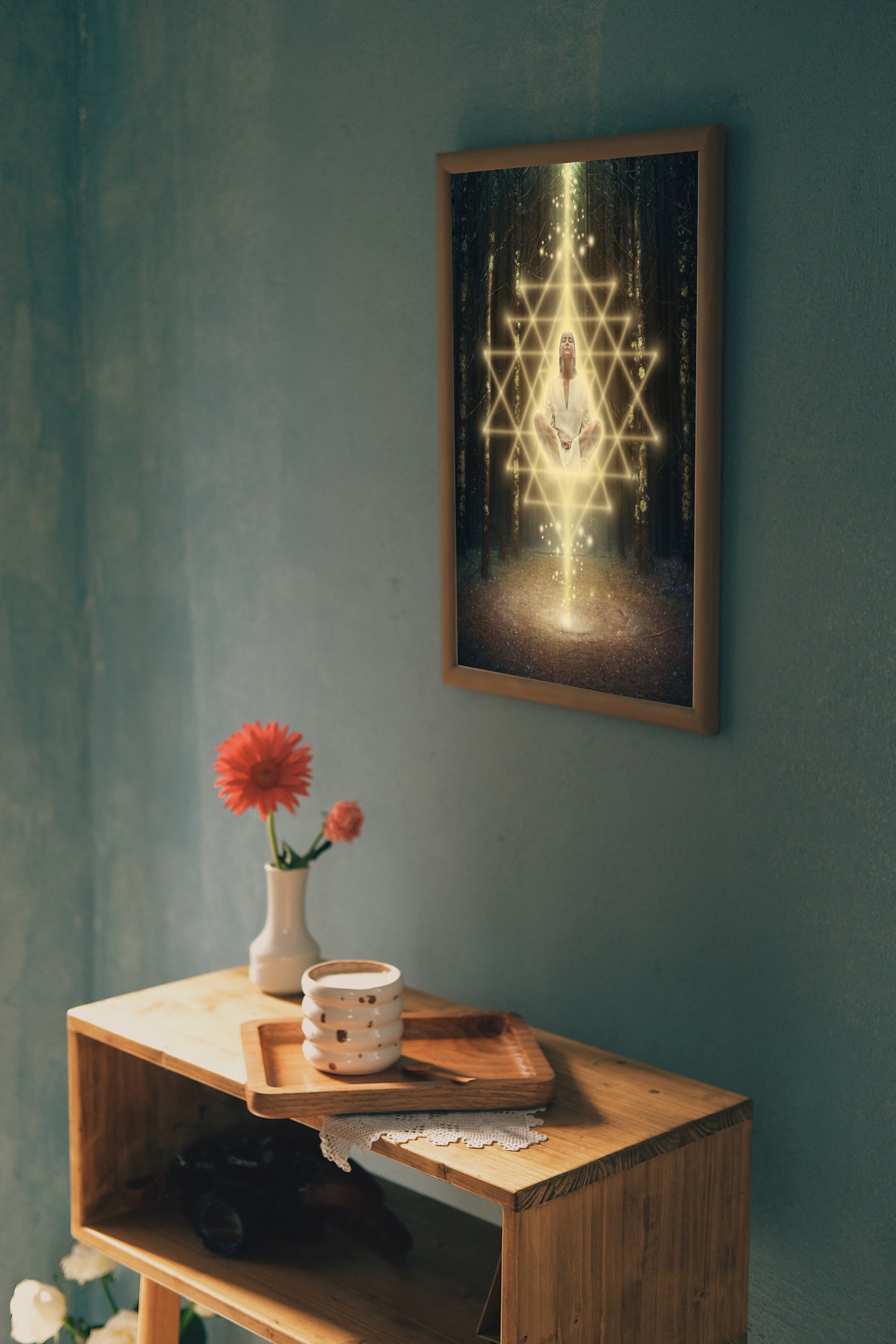 Woman meditating in the forest surrounded by Sri Yantra sacred geometry.