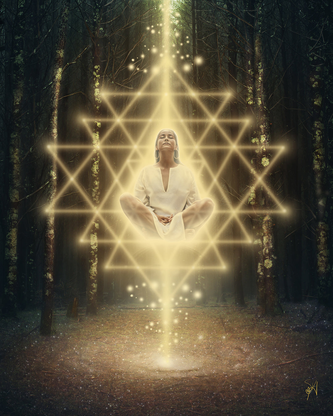 Woman meditating in the forest surrounded by Sri Yantra sacred geometry.