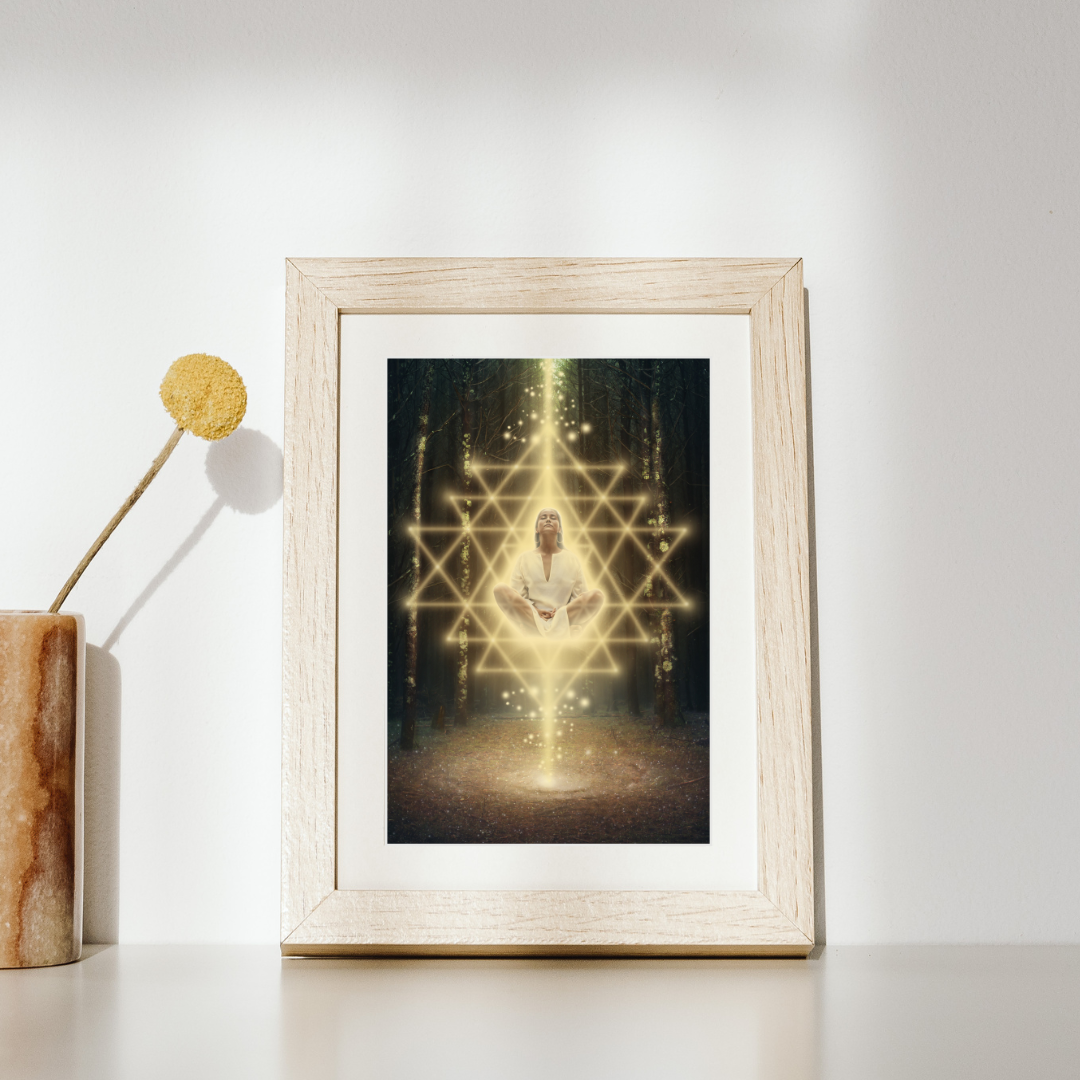 Woman meditating in the forest surrounded by Sri Yantra sacred geometry.
