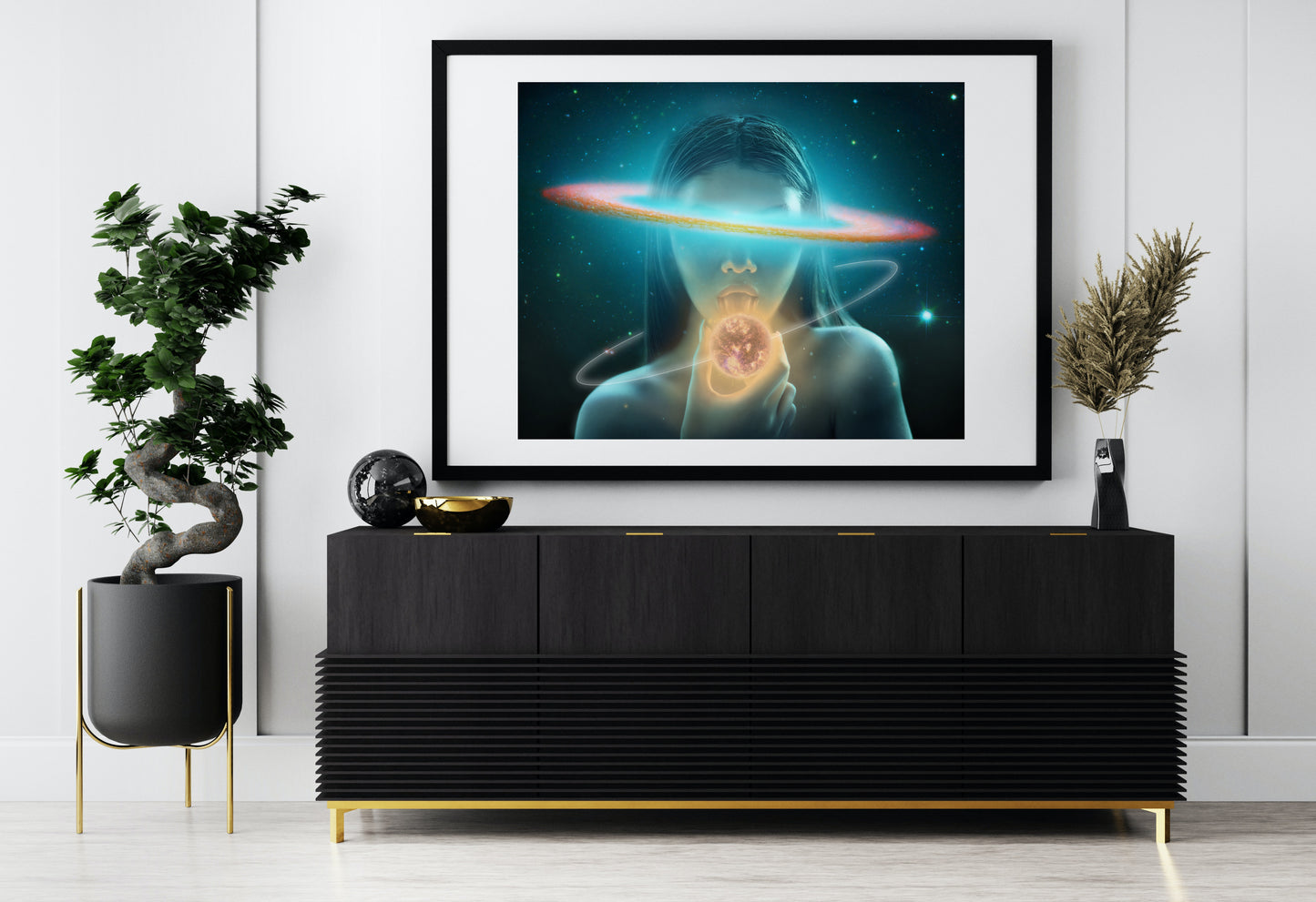 Woman with asteroid belt and planet orbiting her head.