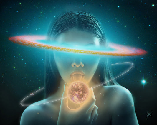 Woman with asteroid belt and planet orbiting her head.