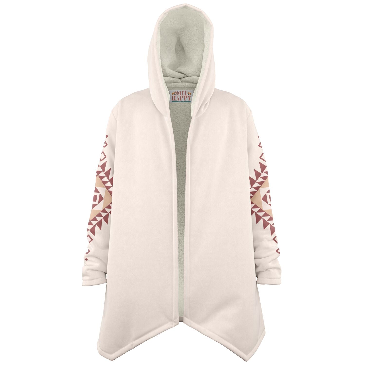 A cozy, hooded, beige microfleece cloak with a pink and tan Southwestern diamond shaped design on the back and elbows.
