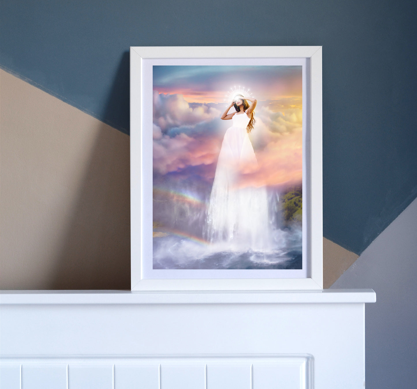 Woman in a white dress standing on a waterfall with a colorful sky and rainbow in the background.