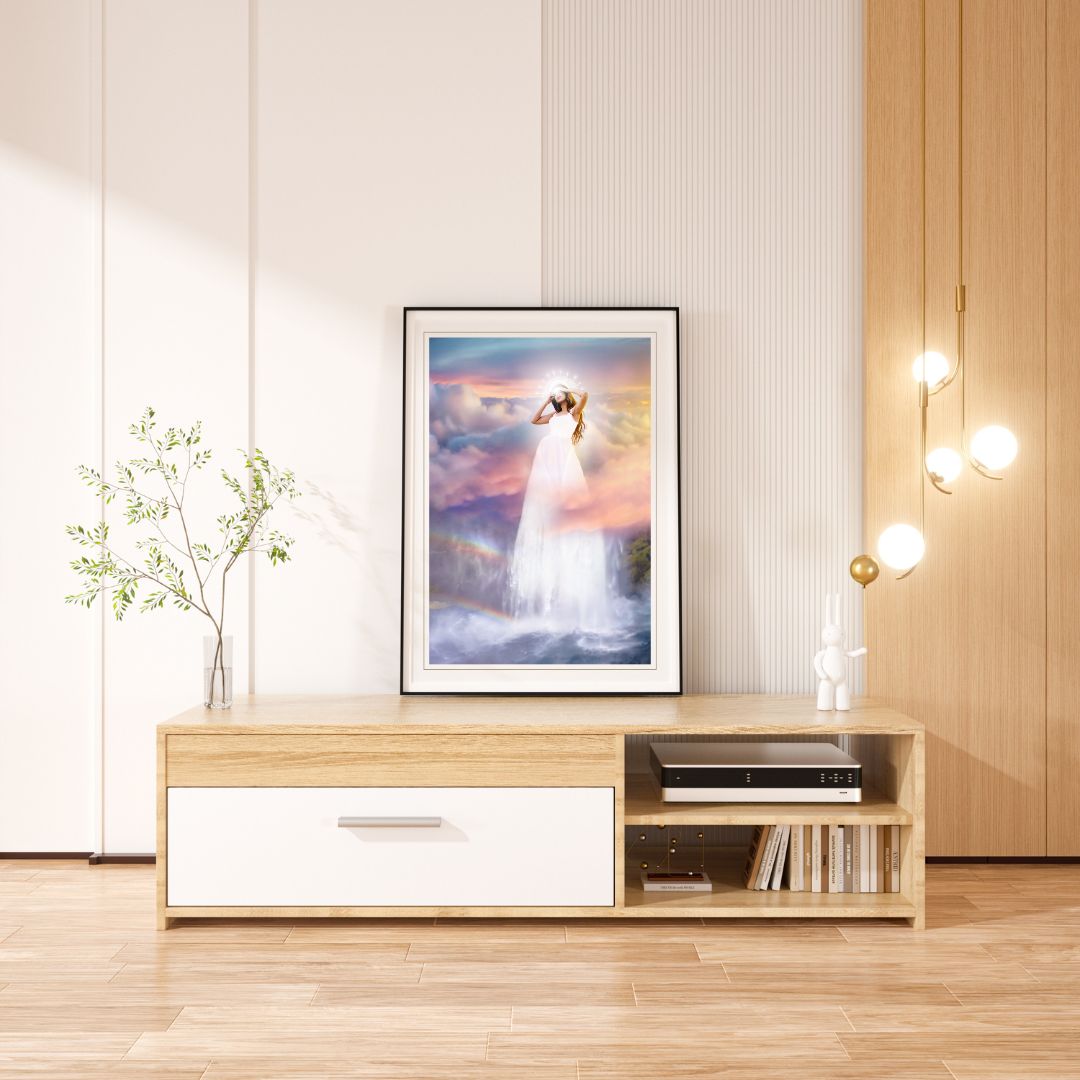 Woman in a white dress standing on a waterfall with a colorful sky and rainbow in the background.