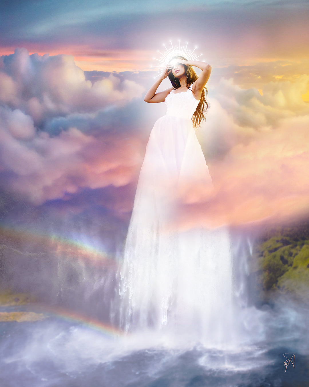 Woman in a white dress standing on a waterfall with a colorful sky and rainbow in the background.