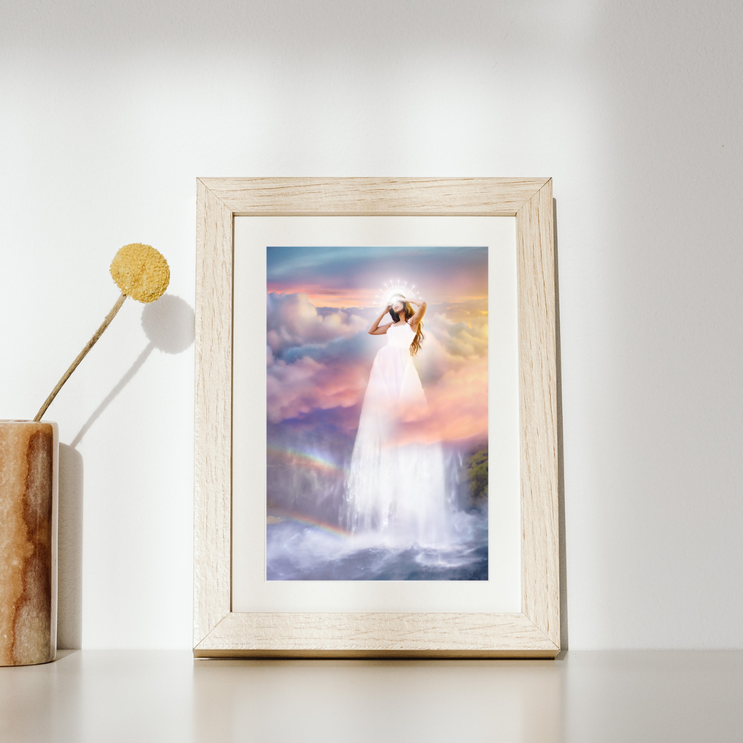 Woman in a white dress standing on a waterfall with a colorful sky and rainbow in the background.