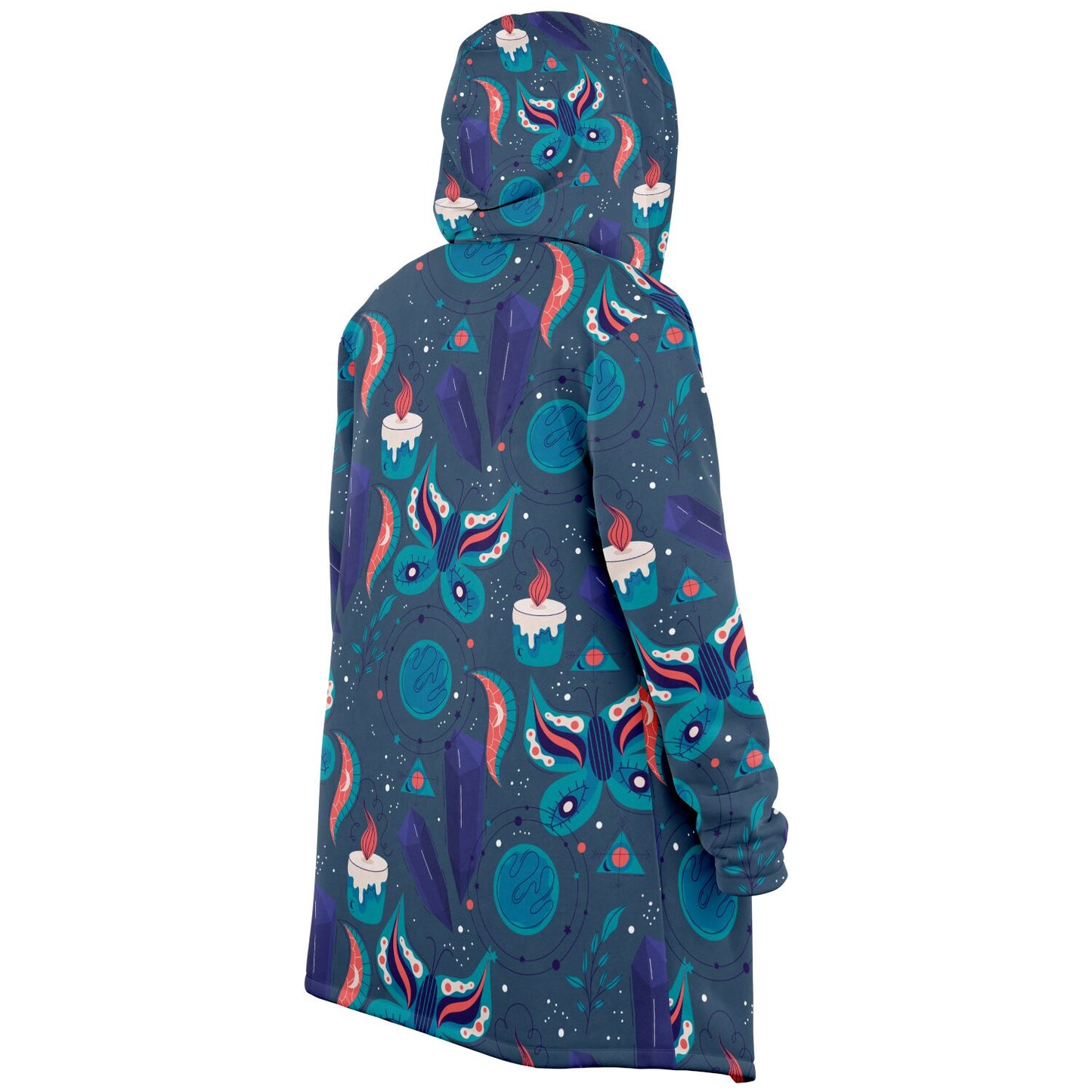 A cozy, hooded, blue microfleece cloak with a colorful butterfly and candle design
