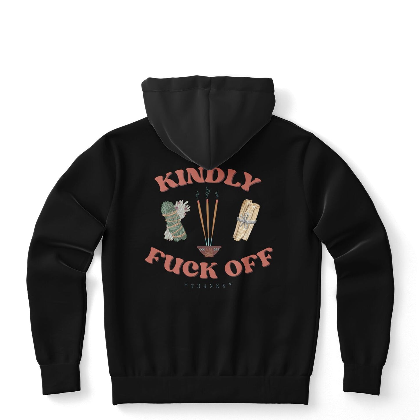 Flat lay of a black hoodie that says Kindly Fuck Off with incense, sage, and palo santo graphics on the back.