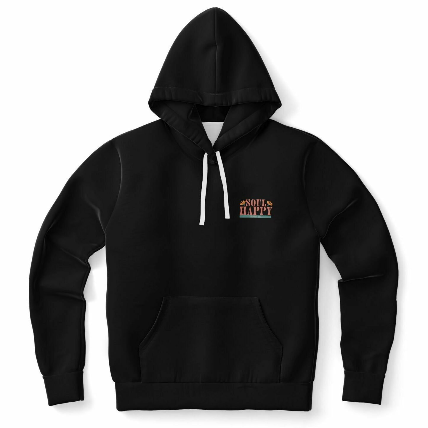 Flat lay of a black hoodie with a Soul Happy Supply Co logo on the front.
