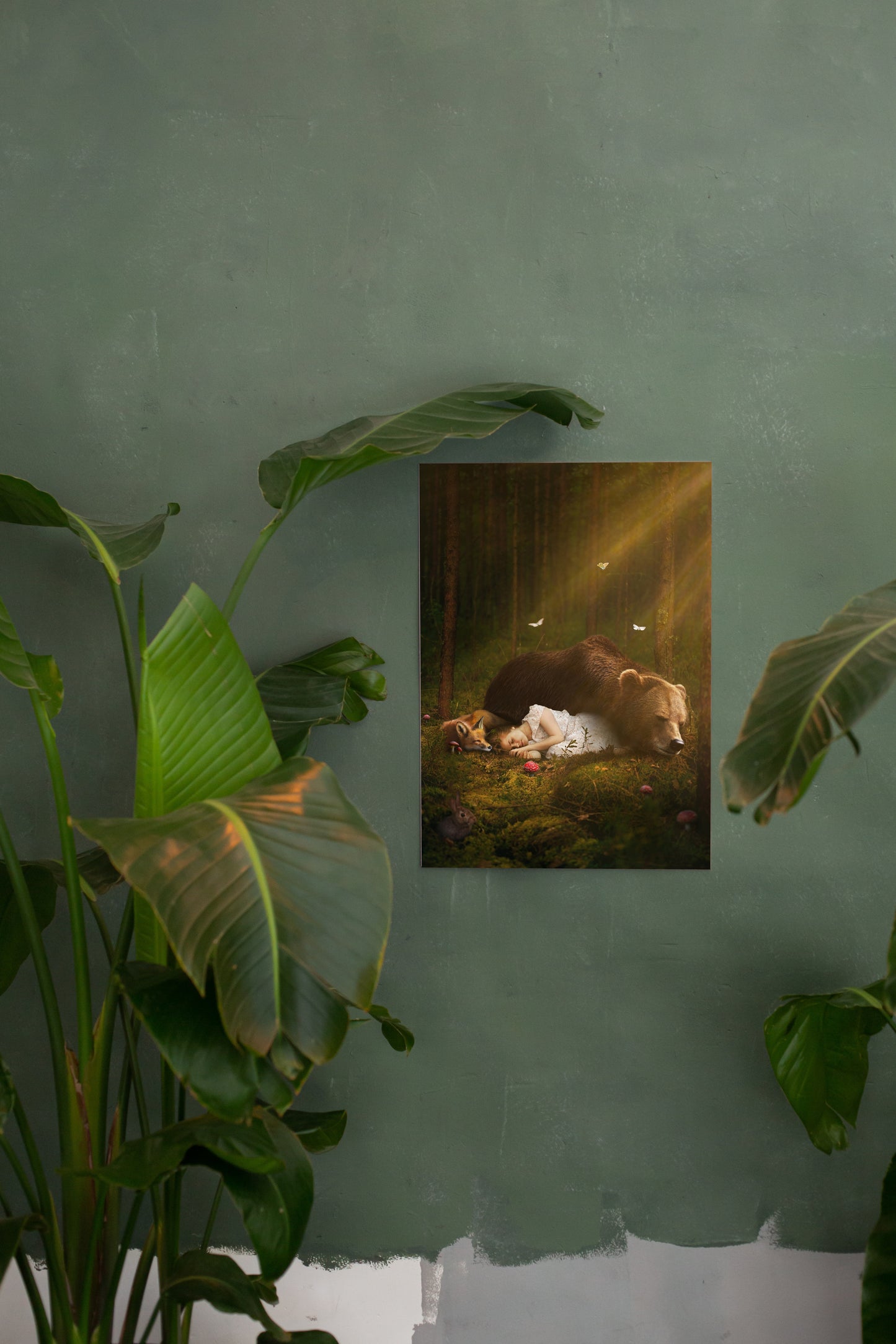 A magical scene of a young girl sleeping on the forest floor with a bear and a fox.