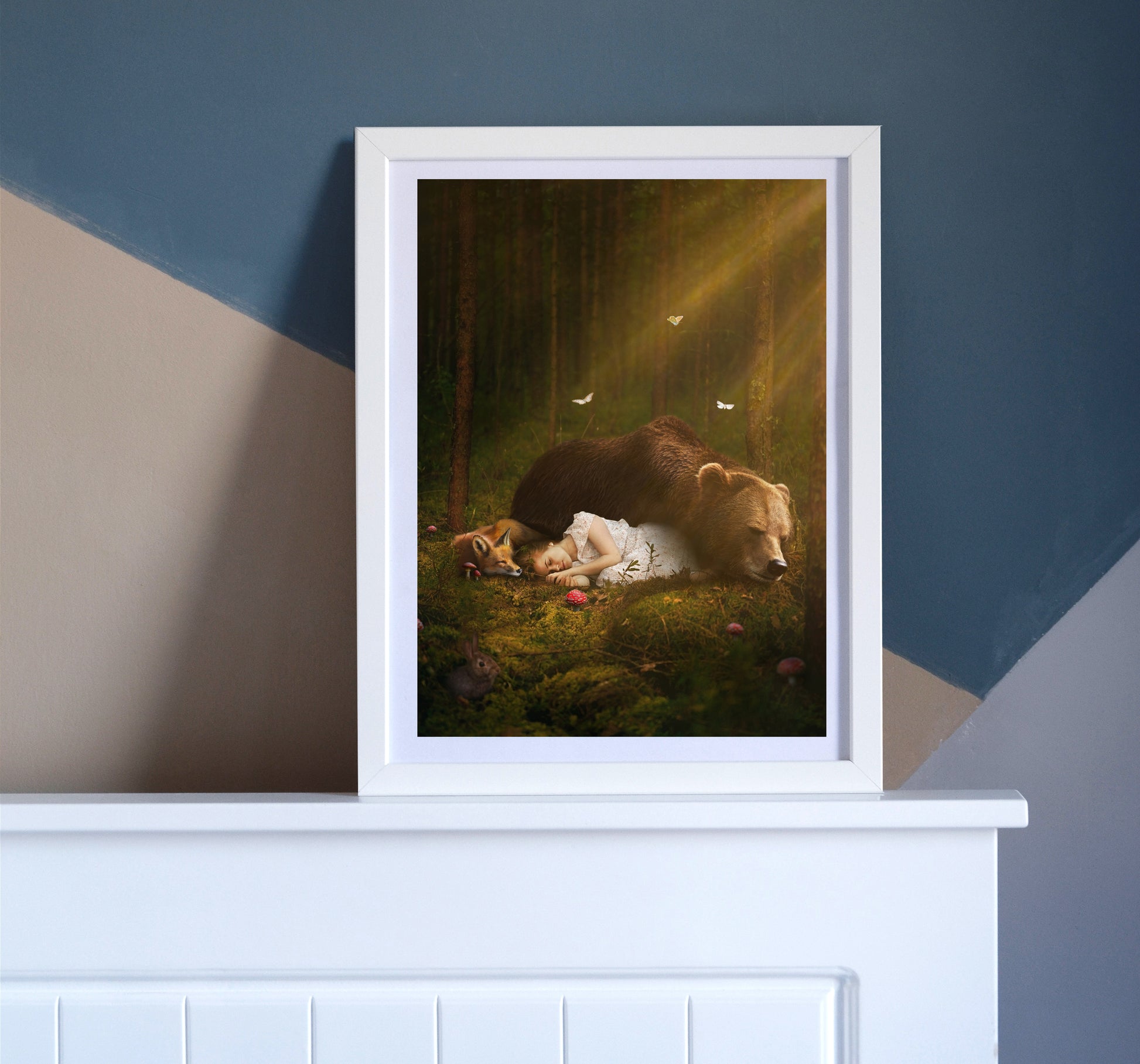 A magical scene of a young girl sleeping on the forest floor with a bear and a fox.