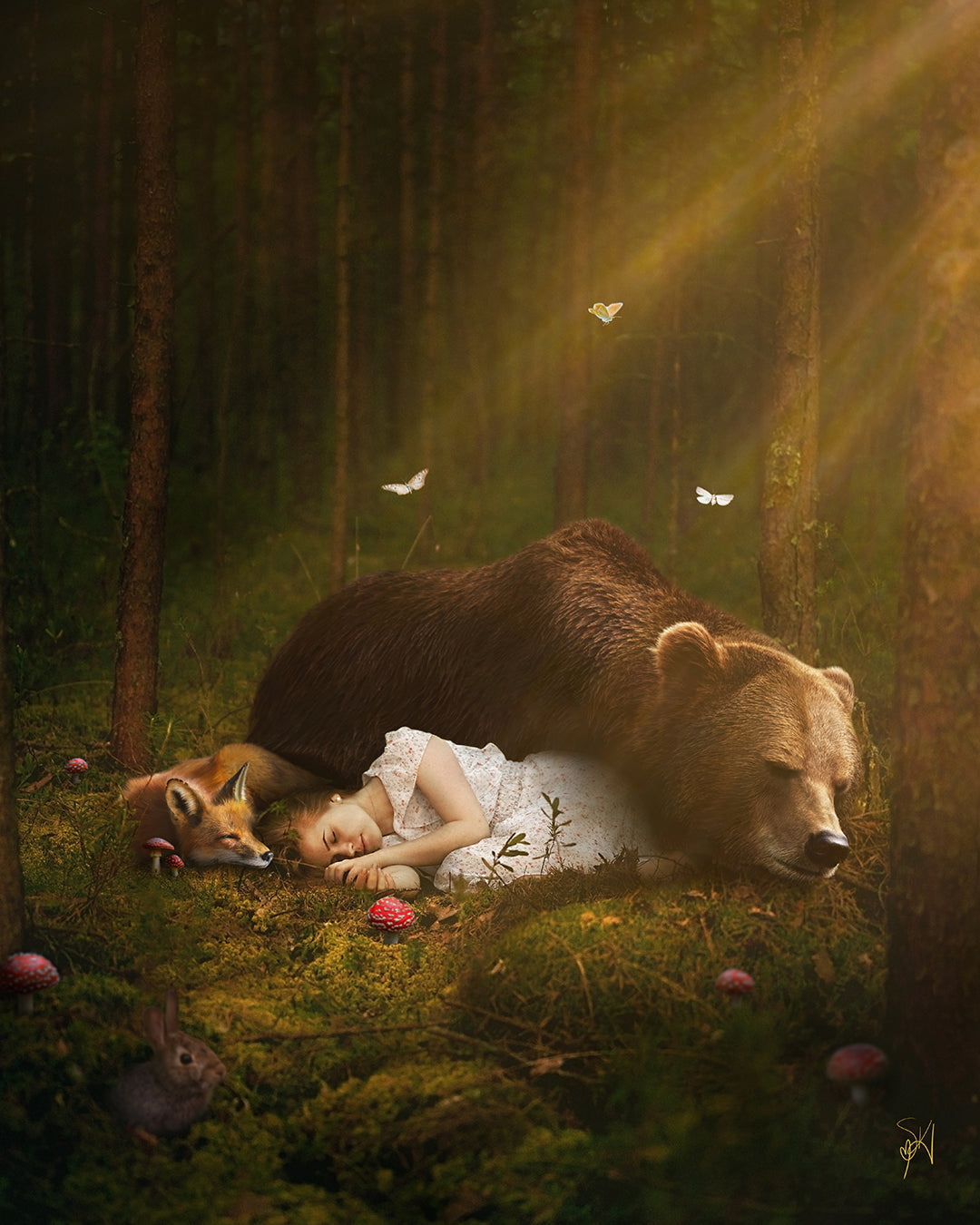 A magical scene of a young girl sleeping on the forest floor with a bear and a fox.