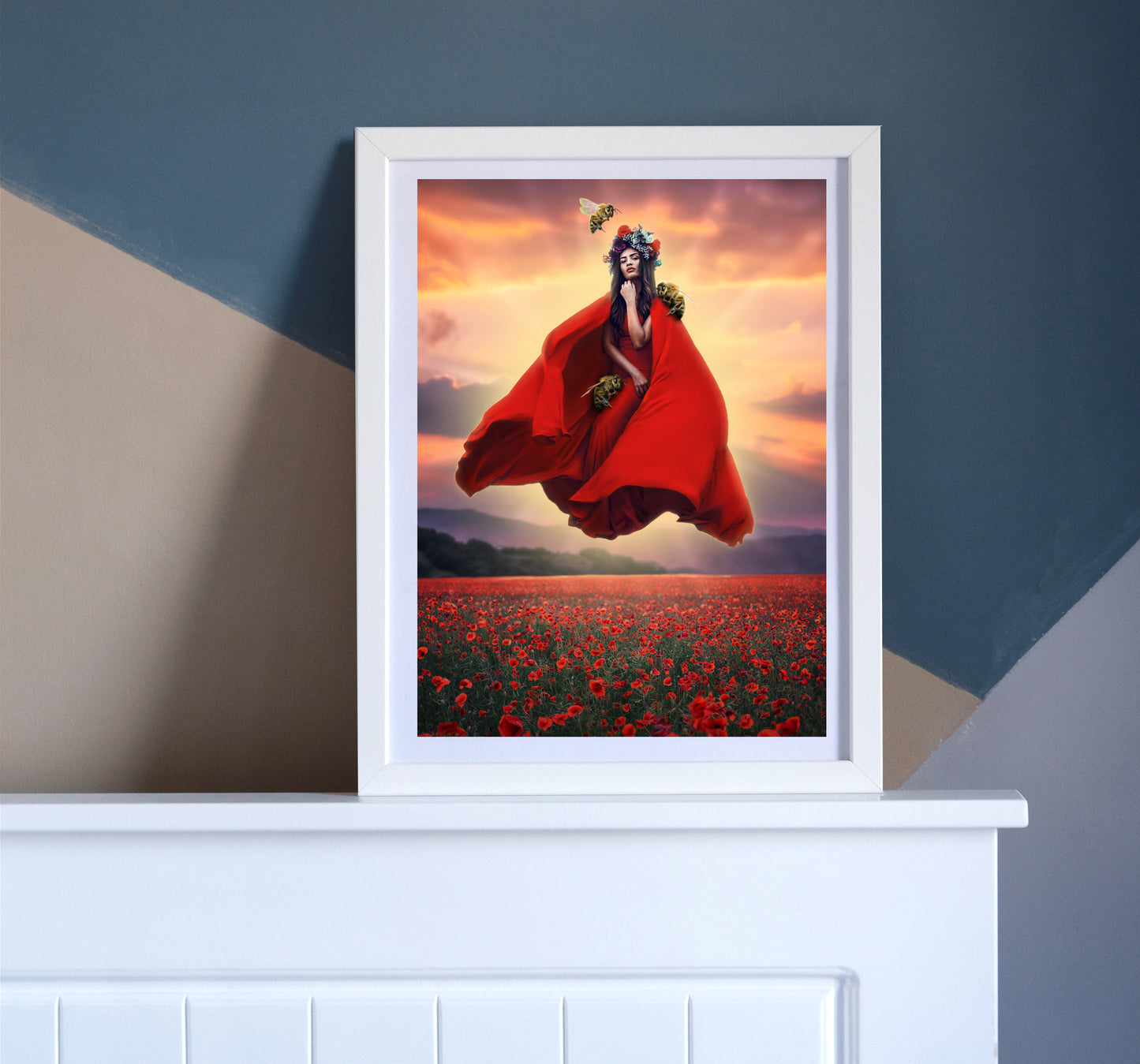 Woman in a red dress and flower crown floating above a field of poppies guarded by her bee companions.