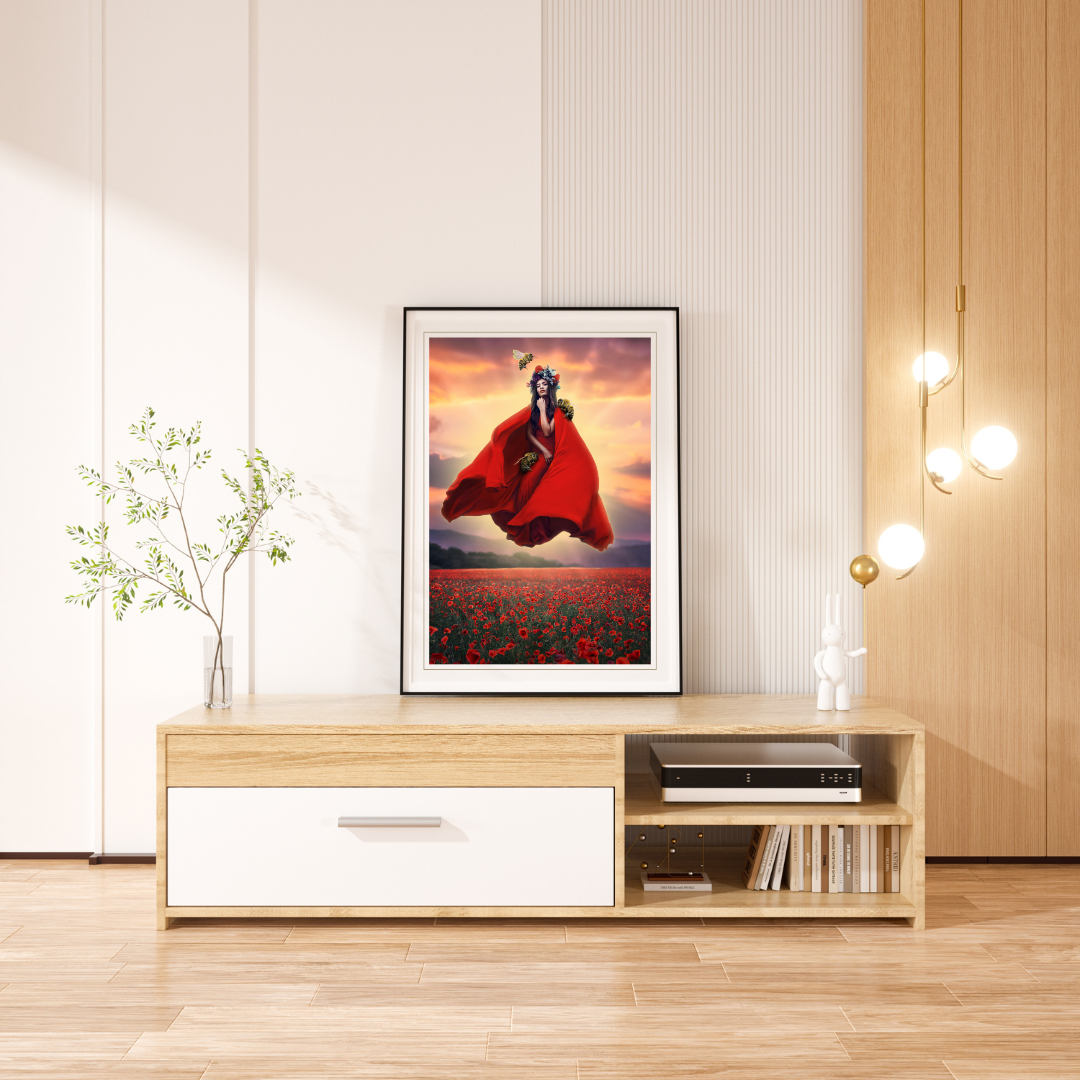 Woman in a red dress and flower crown floating above a field of poppies guarded by her bee companions.