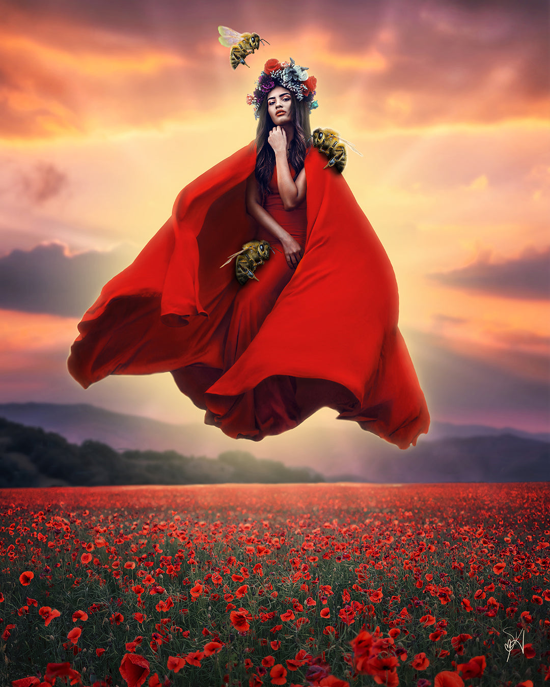 Woman in a red dress and flower crown floating above a field of poppies guarded by her bee companions.