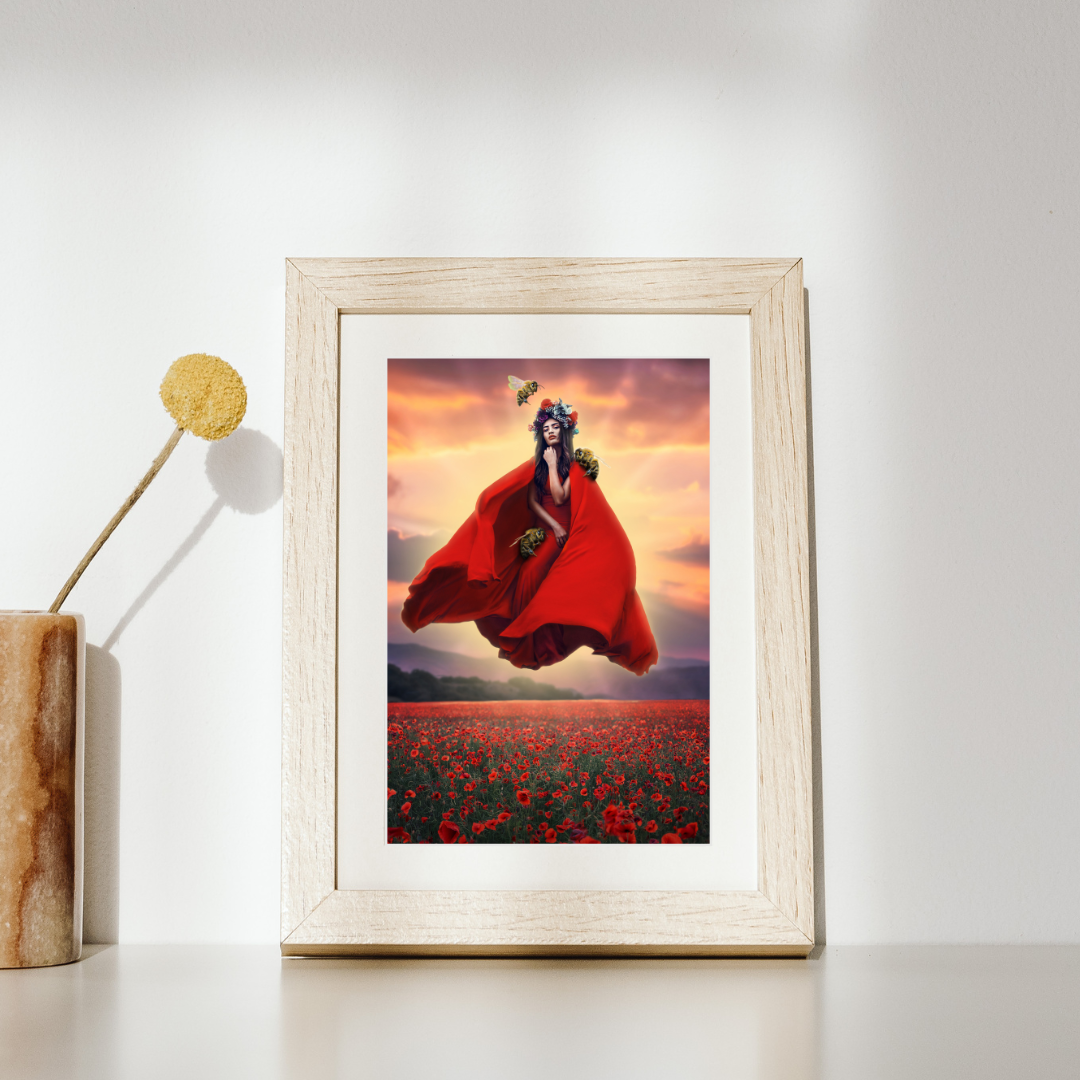 Woman in a red dress and flower crown floating above a field of poppies guarded by her bee companions.