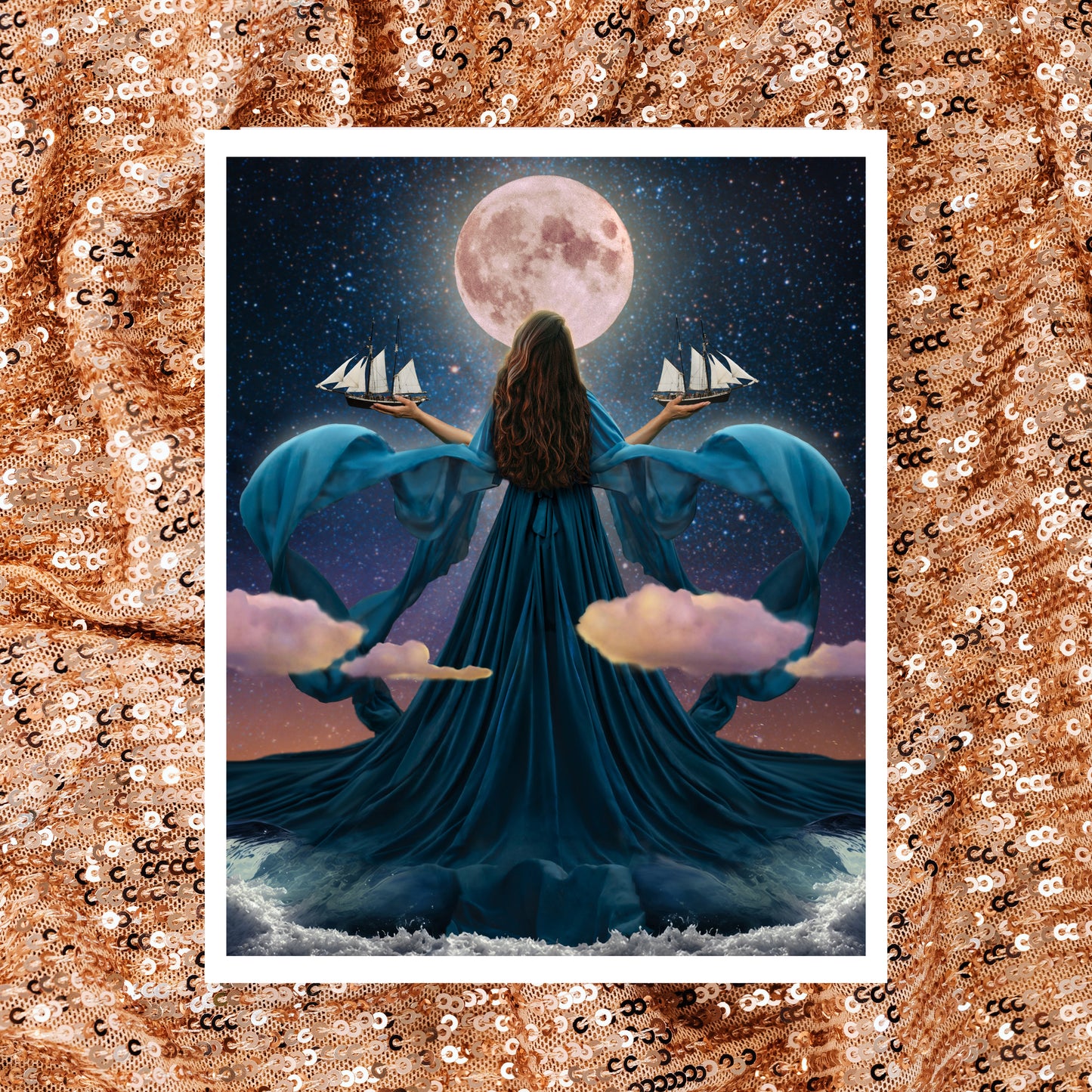 Woman rising from the ocean to stand before the moon with a dress made of water holding two ships amongst the clouds.