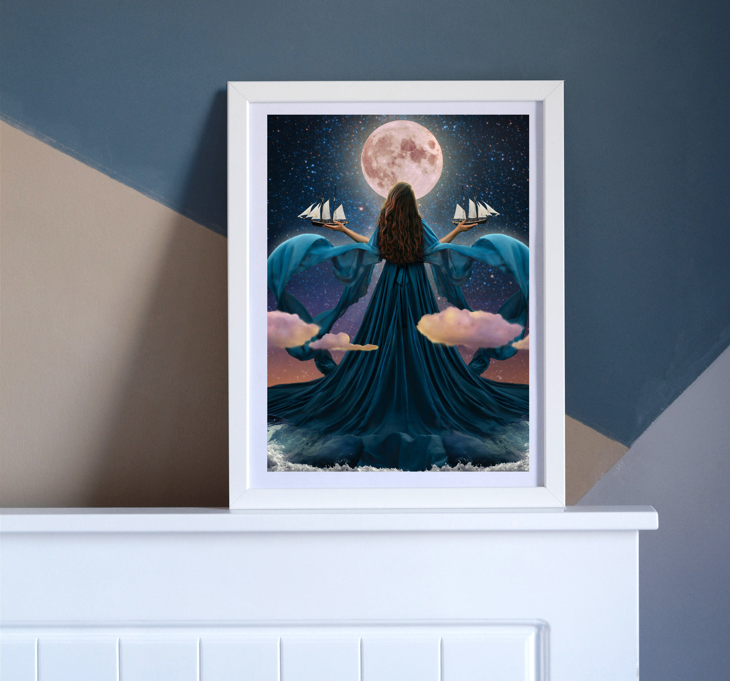 Woman rising from the ocean to stand before the moon with a dress made of water holding two ships amongst the clouds.