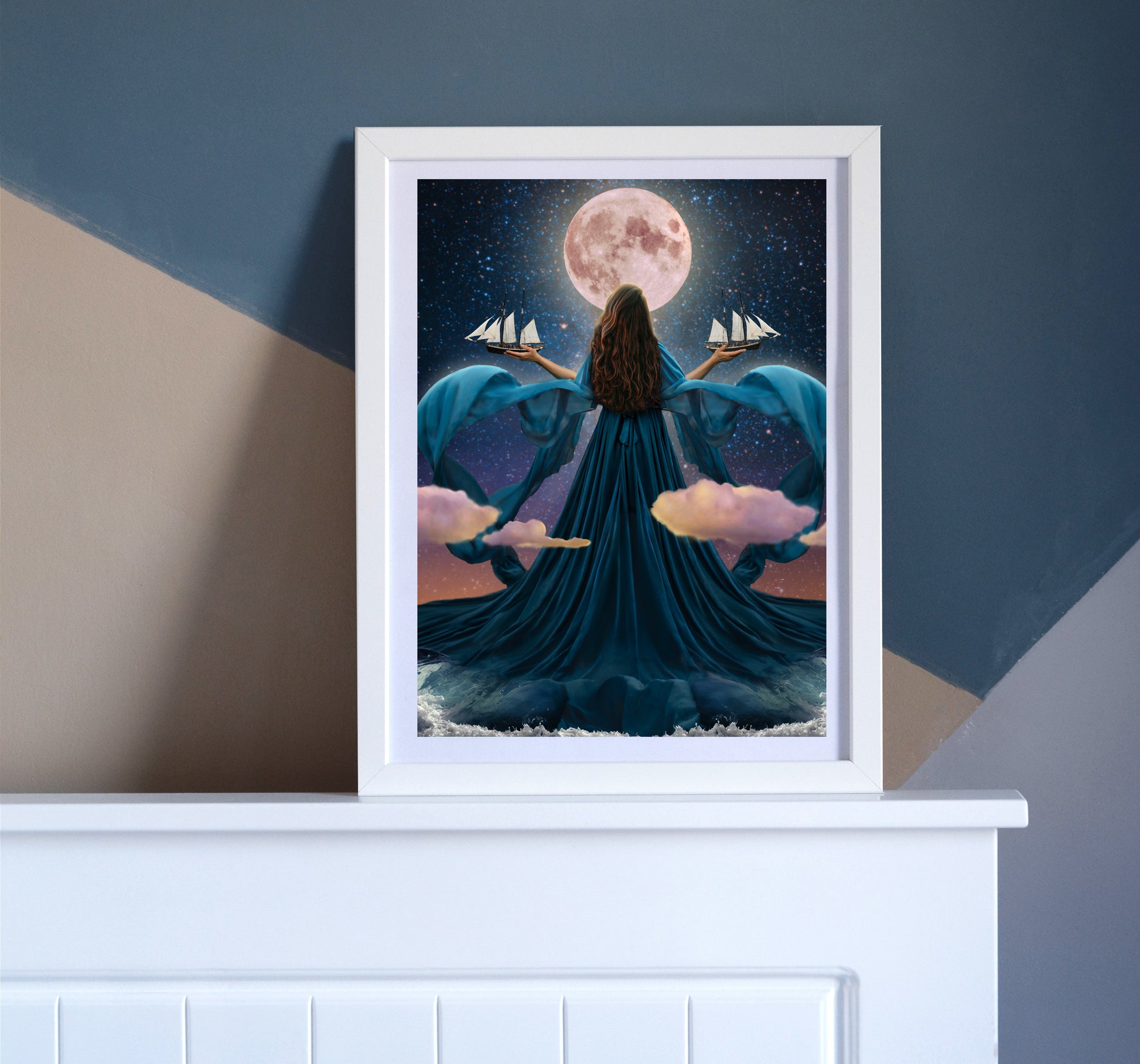 Woman rising from the ocean to stand before the moon with a dress made of water holding two ships amongst the clouds.