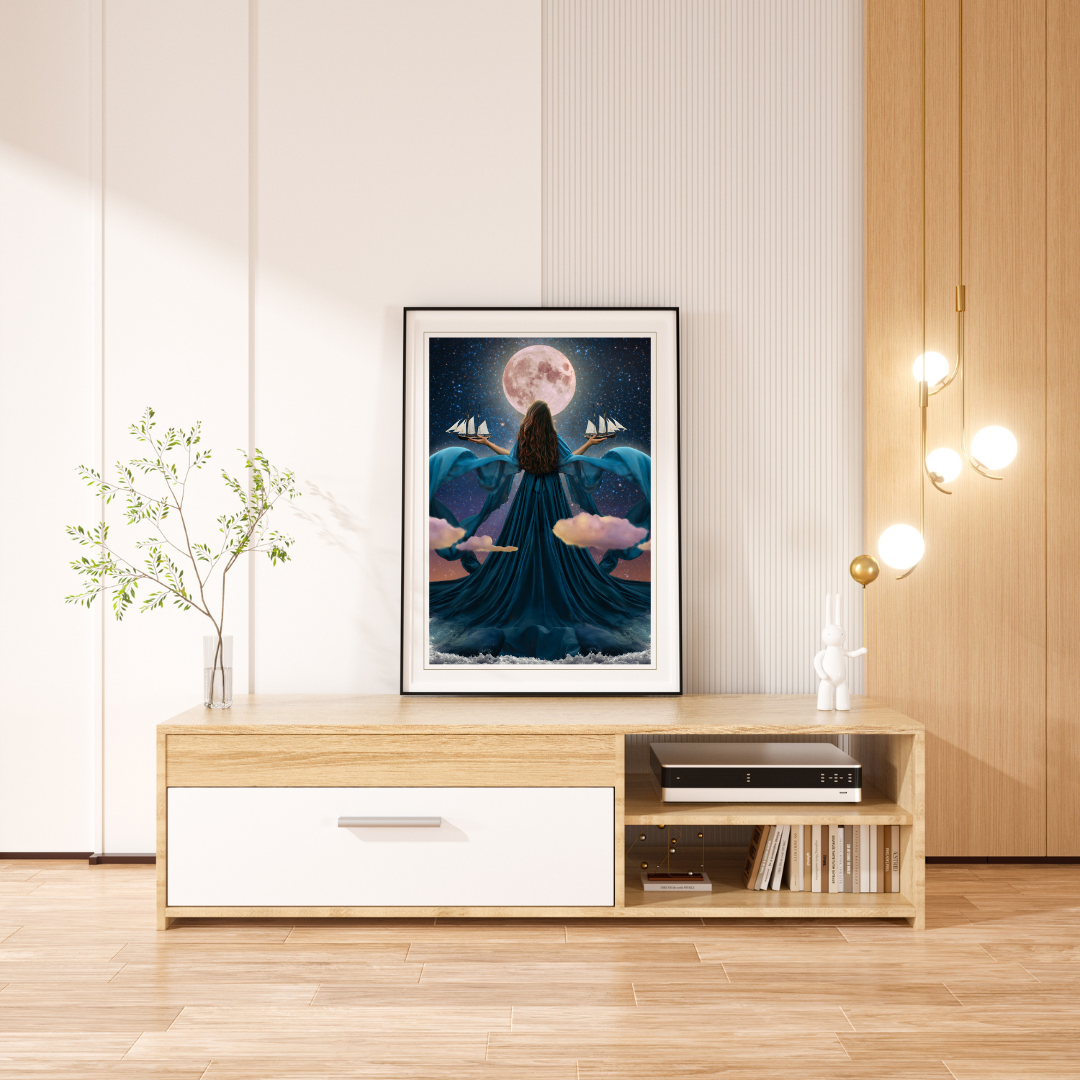 Woman rising from the ocean to stand before the moon with a dress made of water holding two ships amongst the clouds.