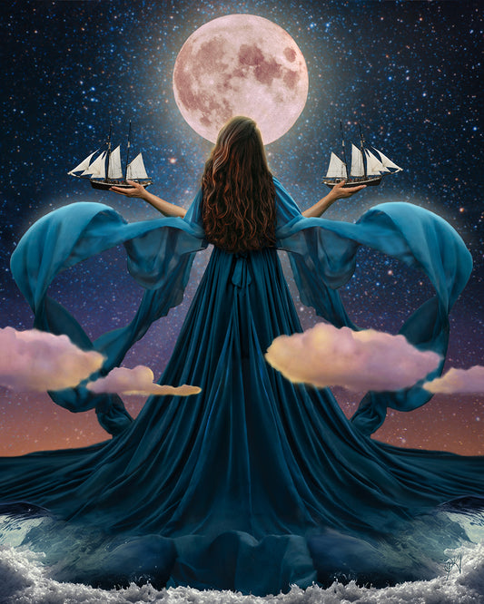 Woman rising from the ocean to stand before the moon with a dress made of water holding two ships amongst the clouds.