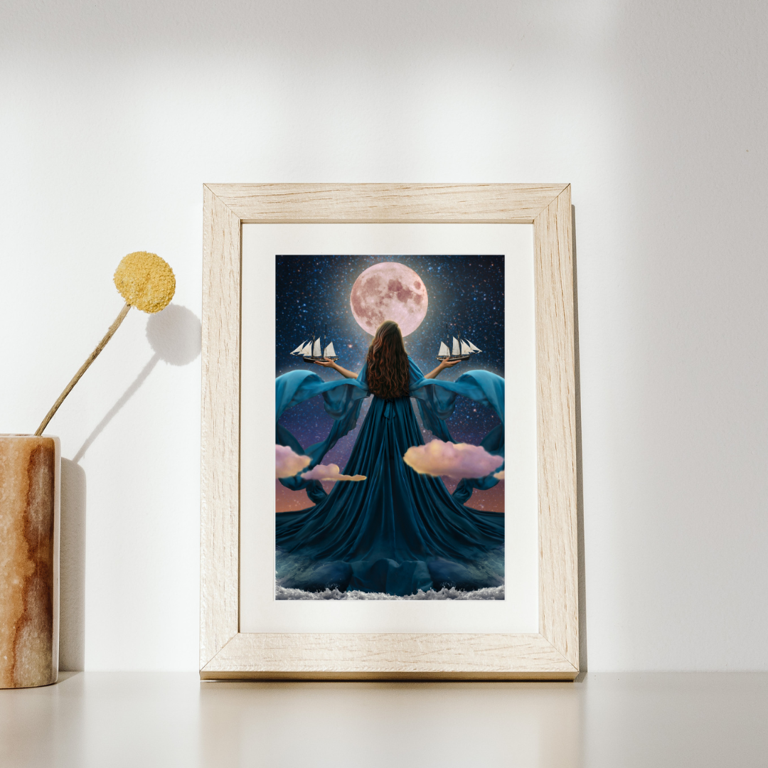 Woman rising from the ocean to stand before the moon with a dress made of water holding two ships amongst the clouds.
