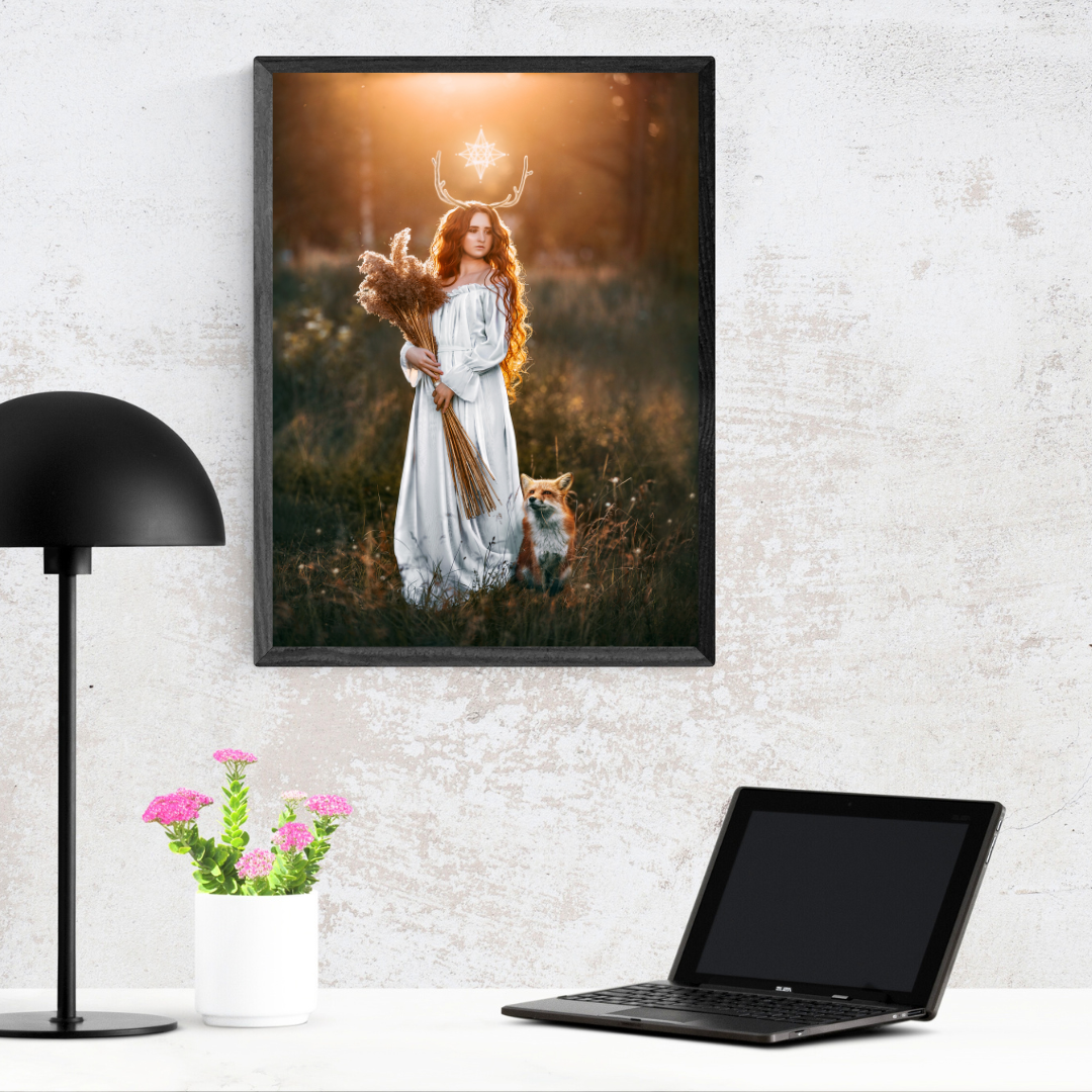 Woman in a white dress with a fox in a field at sunset.