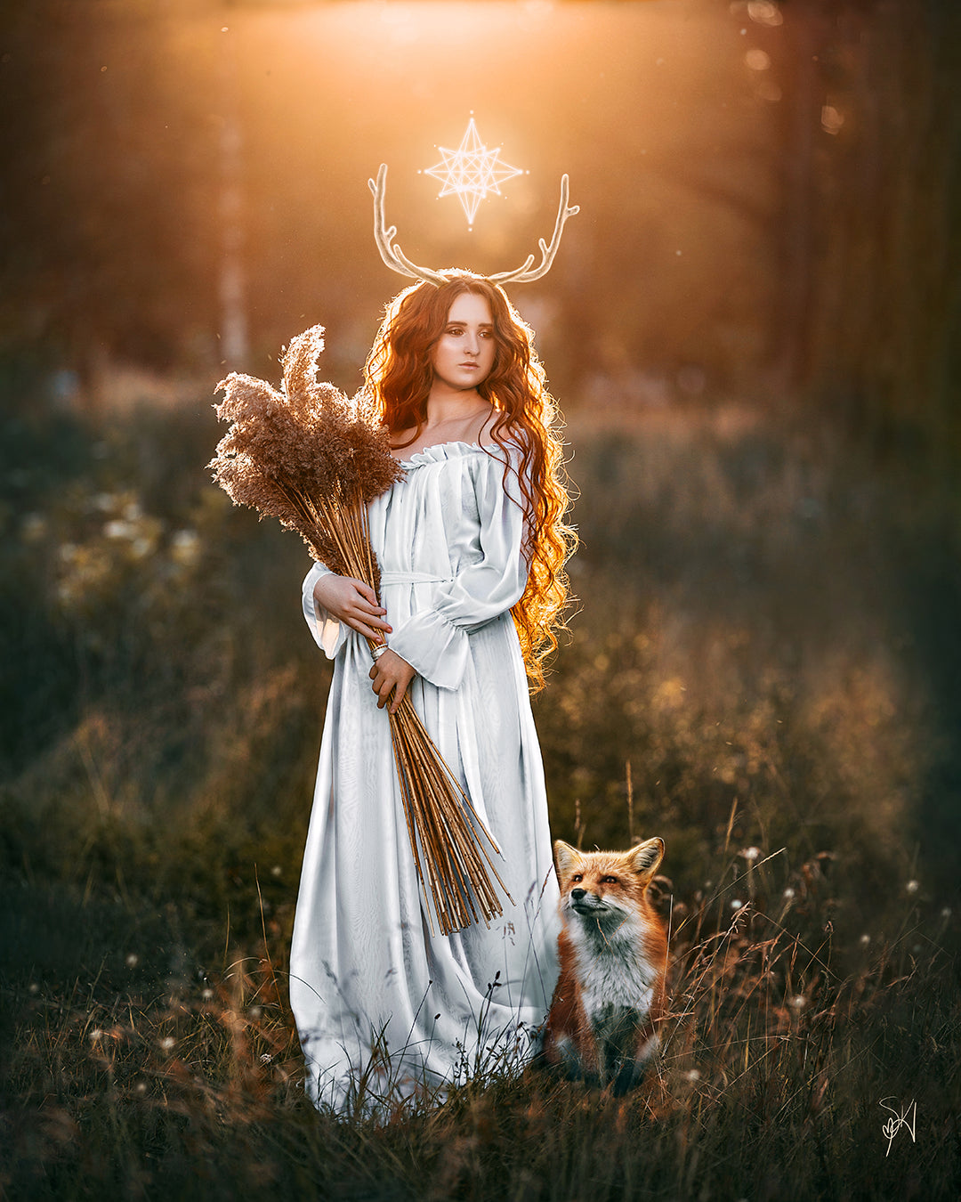 Woman in a white dress with a fox in a field at sunset.