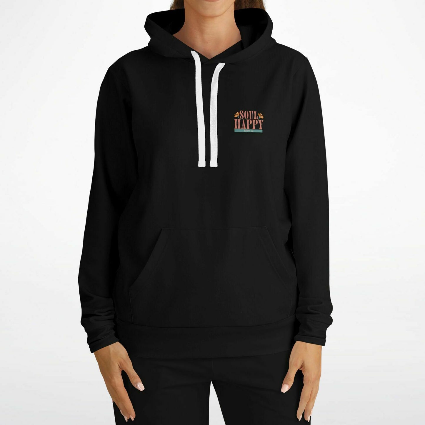 Women wearing a black hoodie with a Soul Happy Supply Co logo on the front.