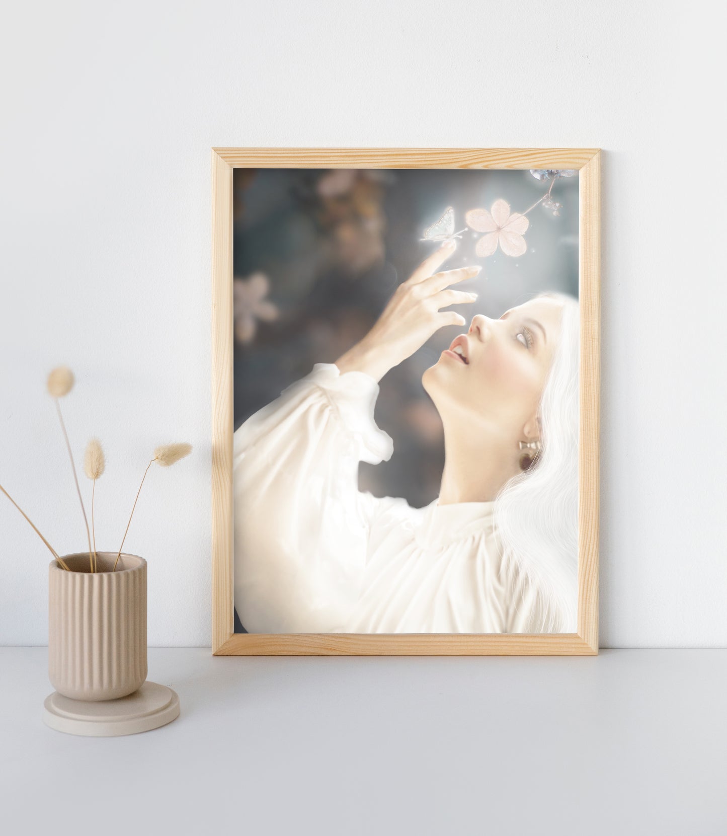 Woman in white reaching towards flowers with a glowing butterfly on her finger.