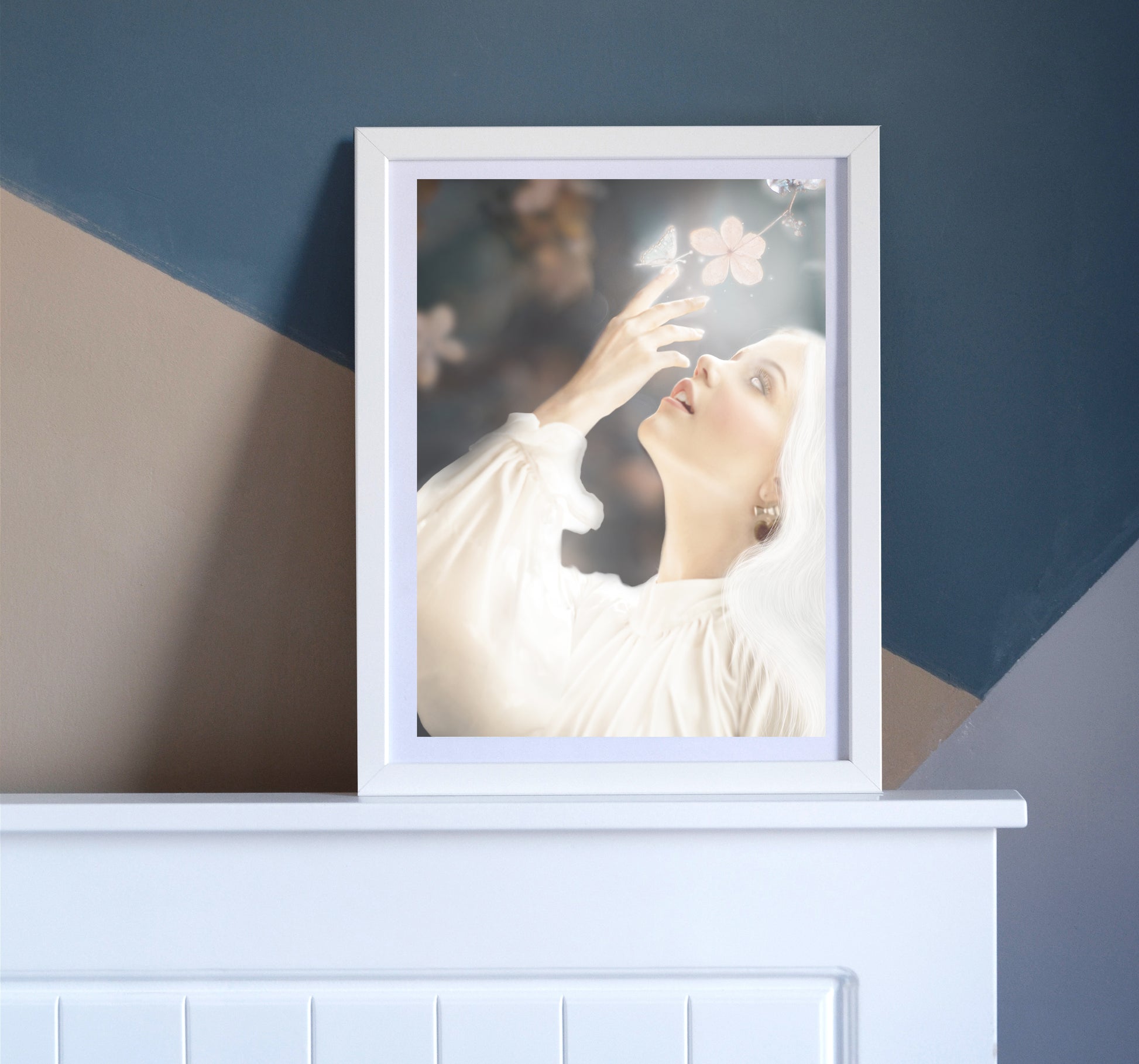 Woman in white reaching towards flowers with a glowing butterfly on her finger.