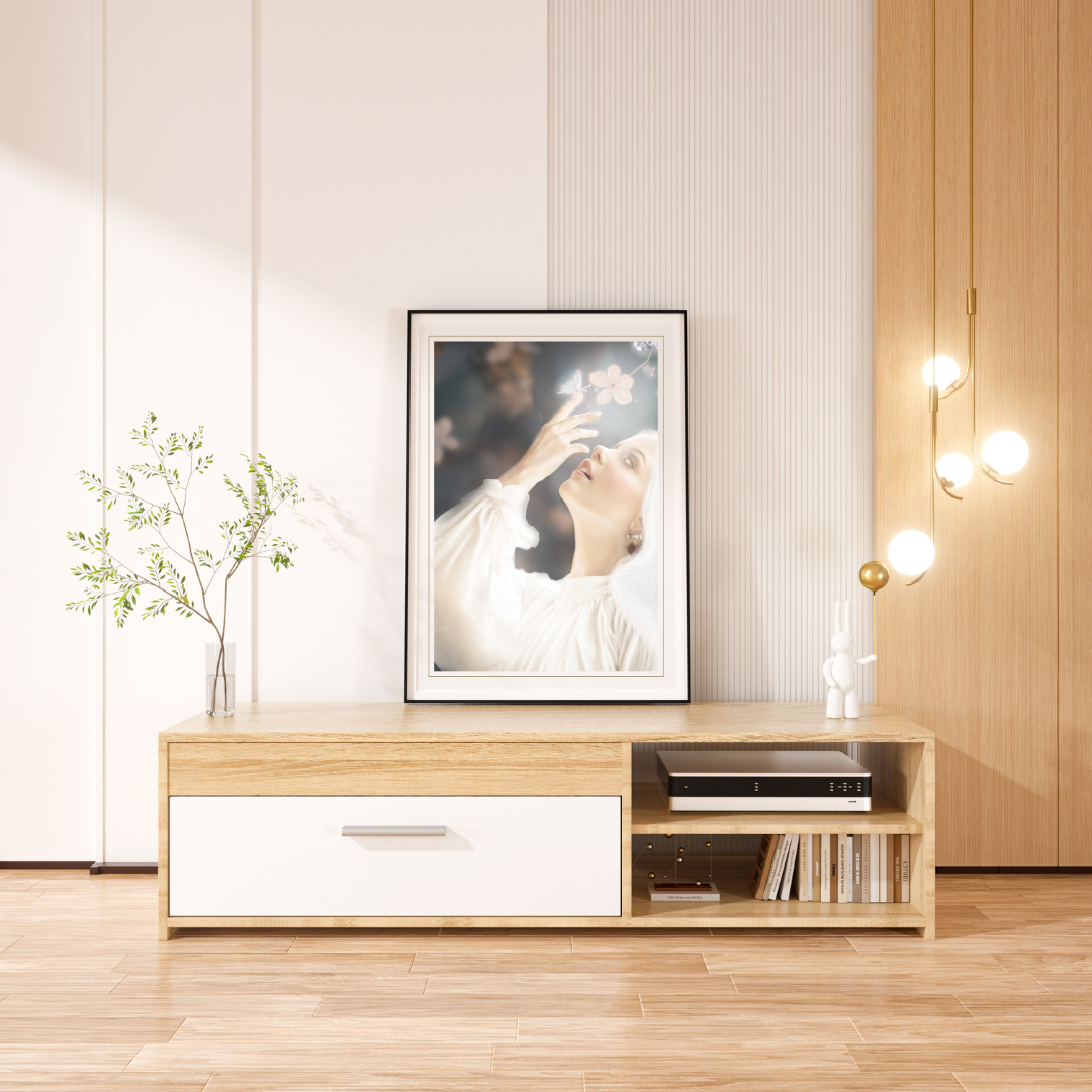 Woman in white reaching towards flowers with a glowing butterfly on her finger.