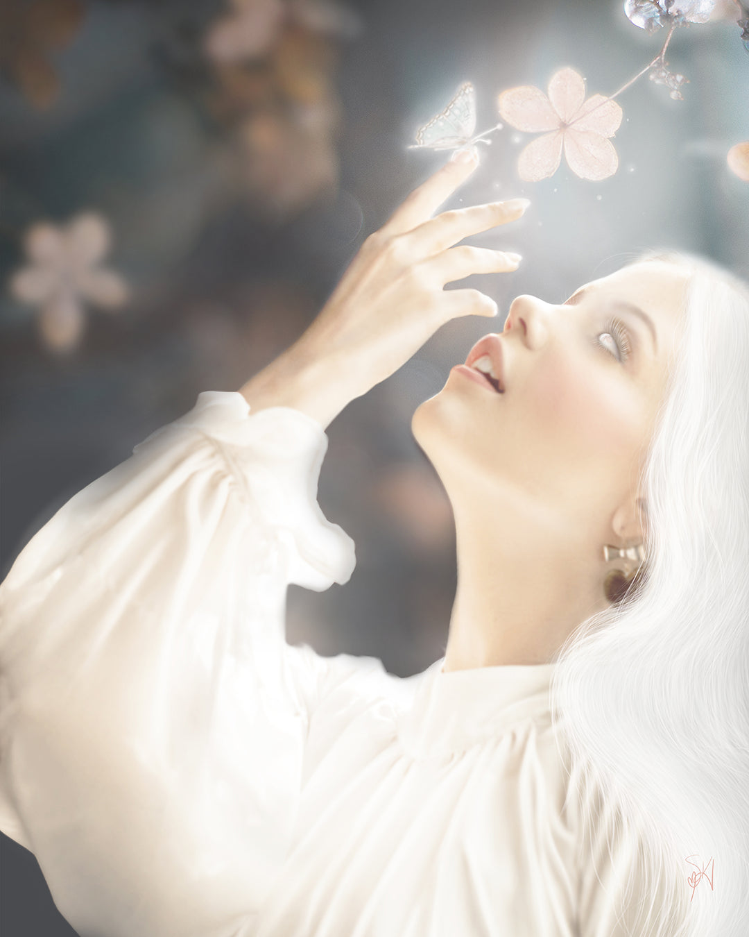 Woman in white reaching towards flowers with a glowing butterfly on her finger.