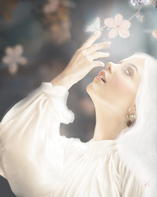 Woman in white reaching towards flowers with a glowing butterfly on her finger.