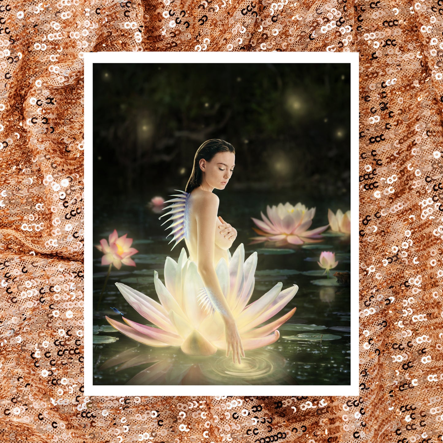 A siren with a sharp fin on her spine emerging from a lotus flower in a mystical pond.