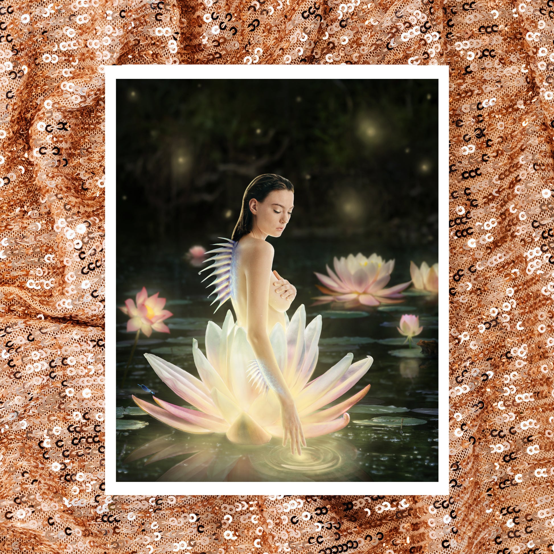 A siren with a sharp fin on her spine emerging from a lotus flower in a mystical pond.