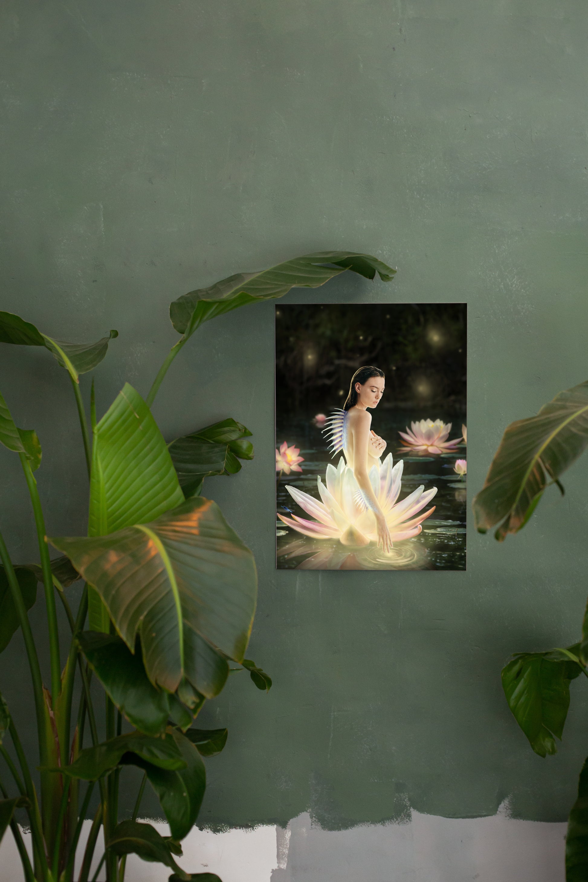 A siren with a sharp fin on her spine emerging from a lotus flower in a mystical pond.