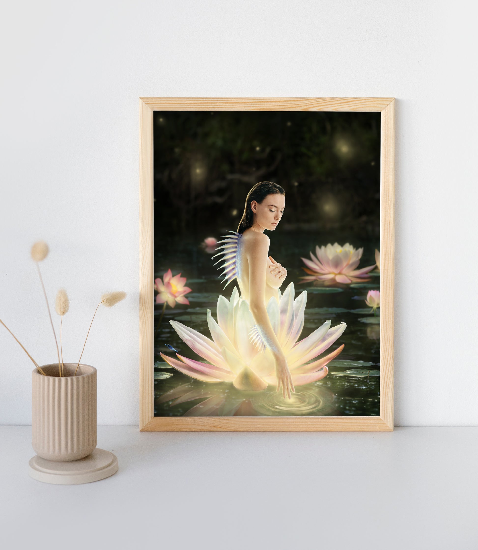 A siren with a sharp fin on her spine emerging from a lotus flower in a mystical pond.