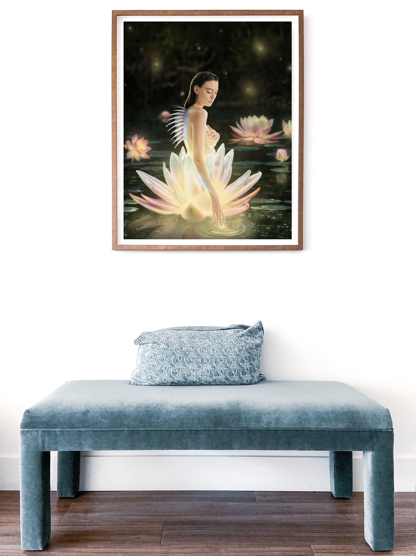 A siren with a sharp fin on her spine emerging from a lotus flower in a mystical pond.