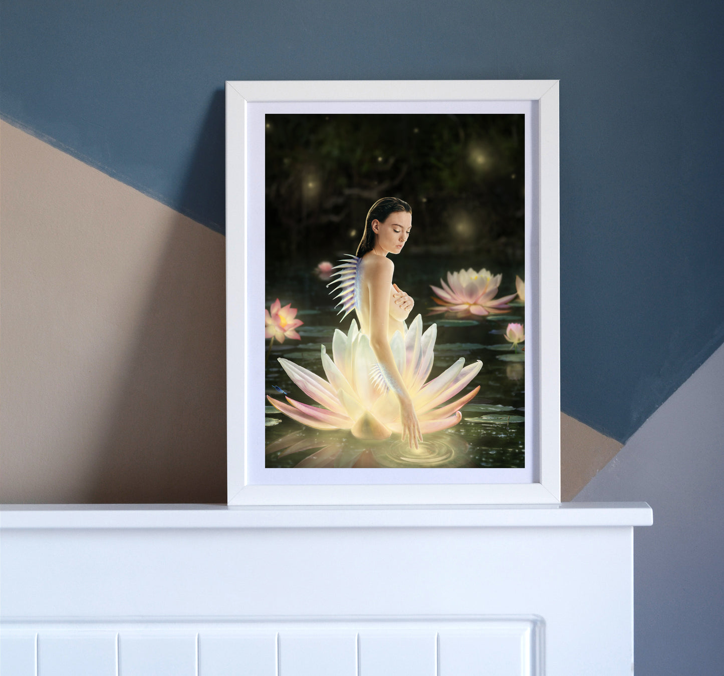 A siren with a sharp fin on her spine emerging from a lotus flower in a mystical pond.