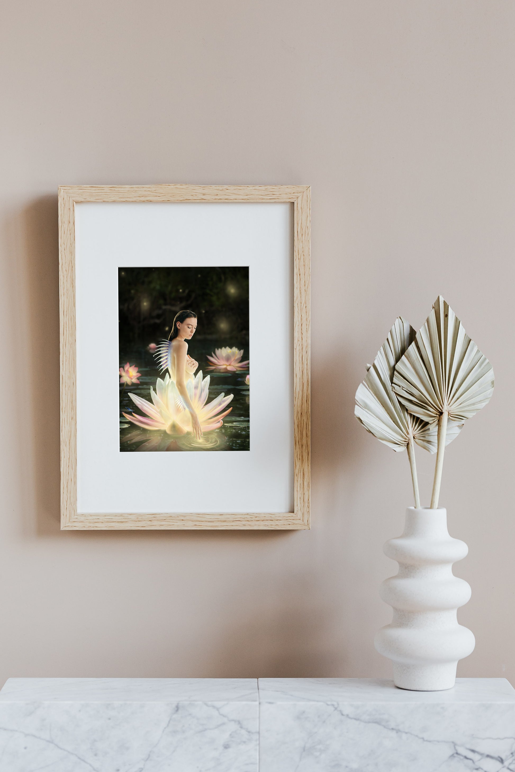 A siren with a sharp fin on her spine emerging from a lotus flower in a mystical pond.