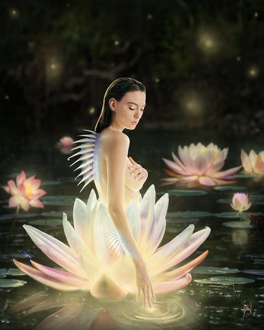 A siren with a sharp fin on her spine emerging from a lotus flower in a mystical pond.