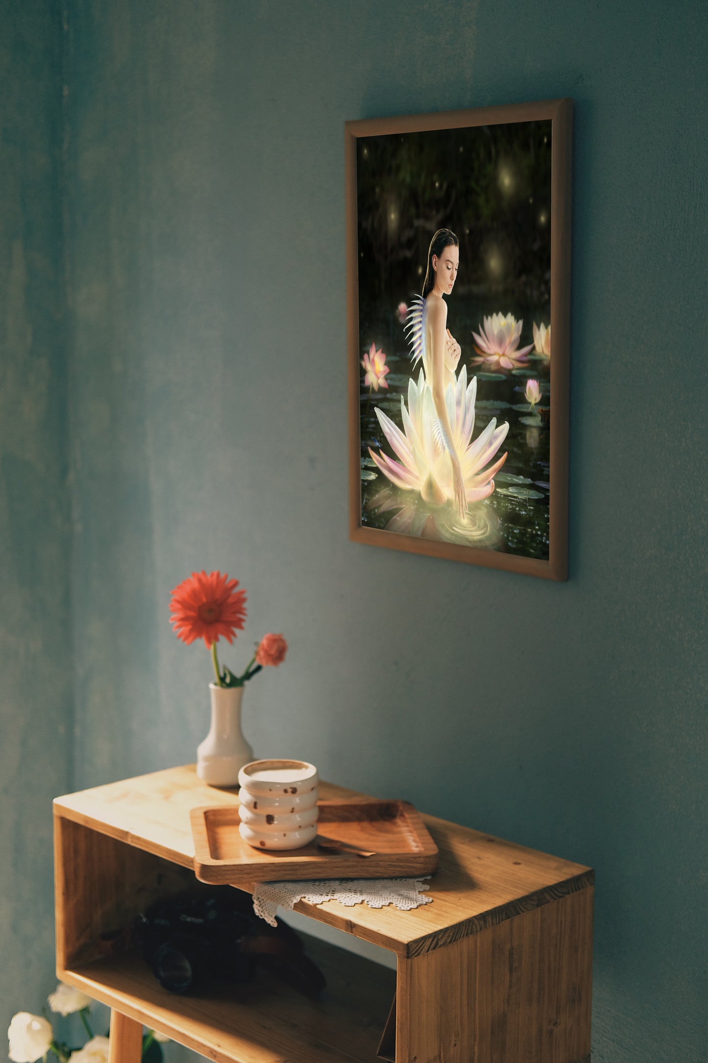 A siren with a sharp fin on her spine emerging from a lotus flower in a mystical pond.